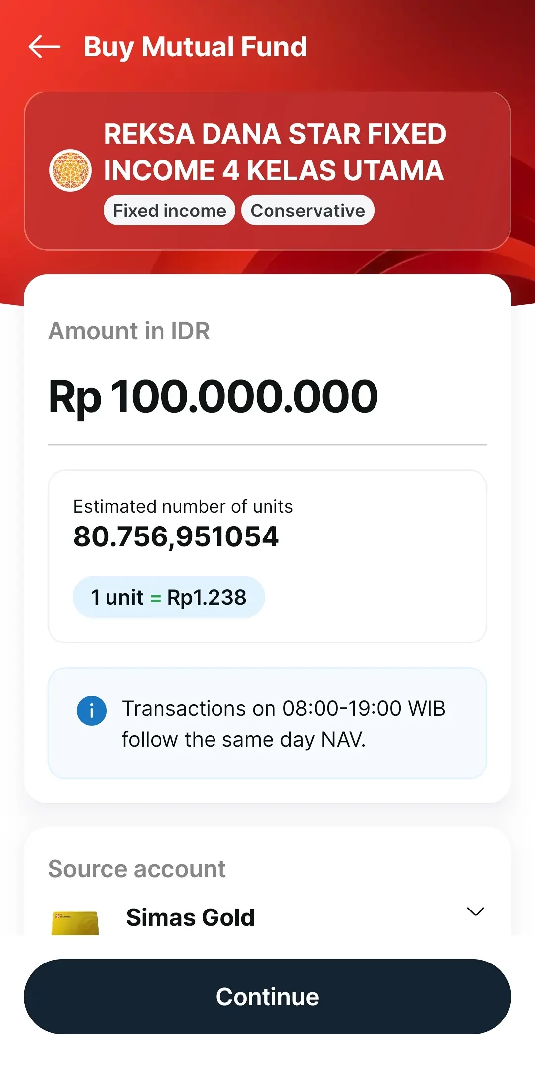 Purchase form with amount, estimated units, and source account.