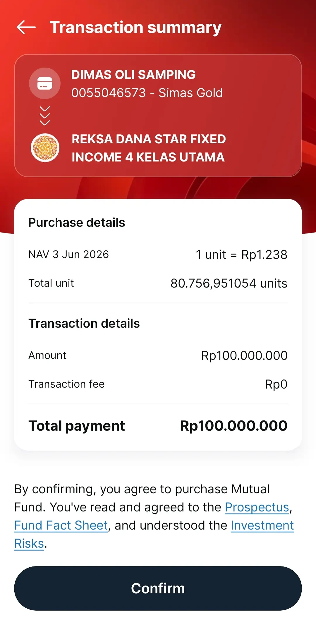 Purchase summary with source account, fund, unit details, and total before confirming.