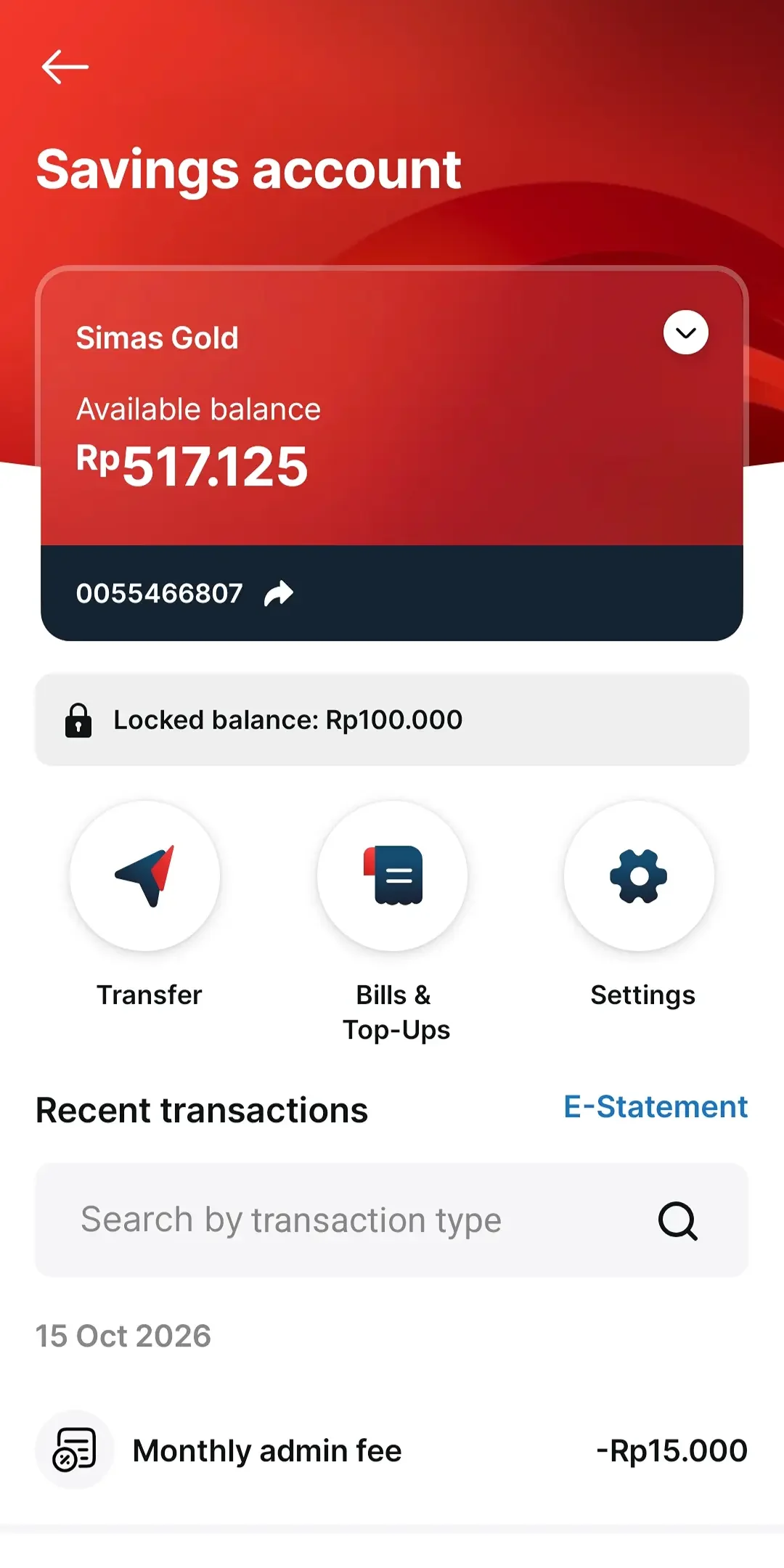 Savings account detail with available balance, quick actions, and recent transactions.