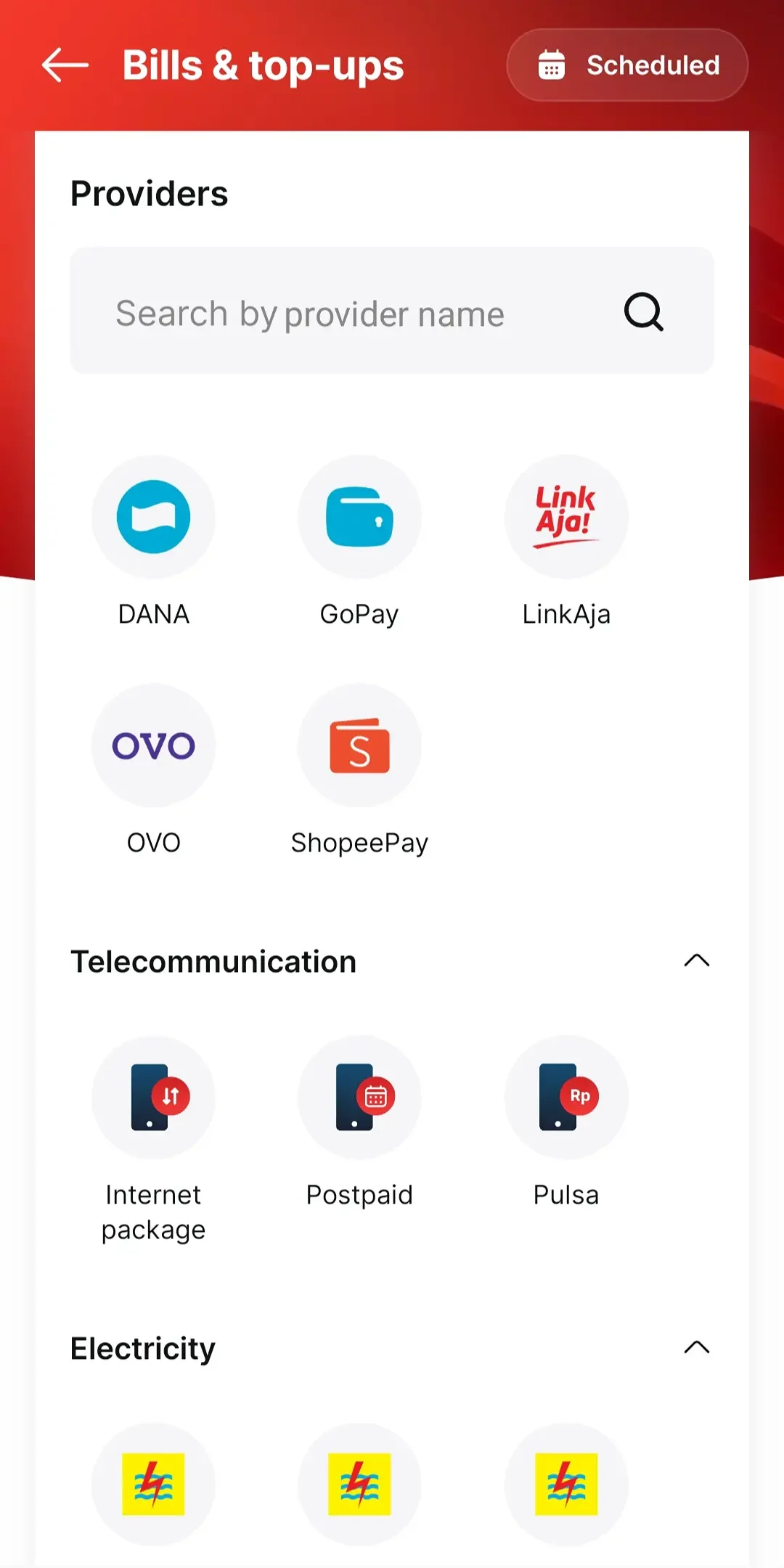 Bill and top-up providers grouped into e-wallets, telecommunication, and electricity.