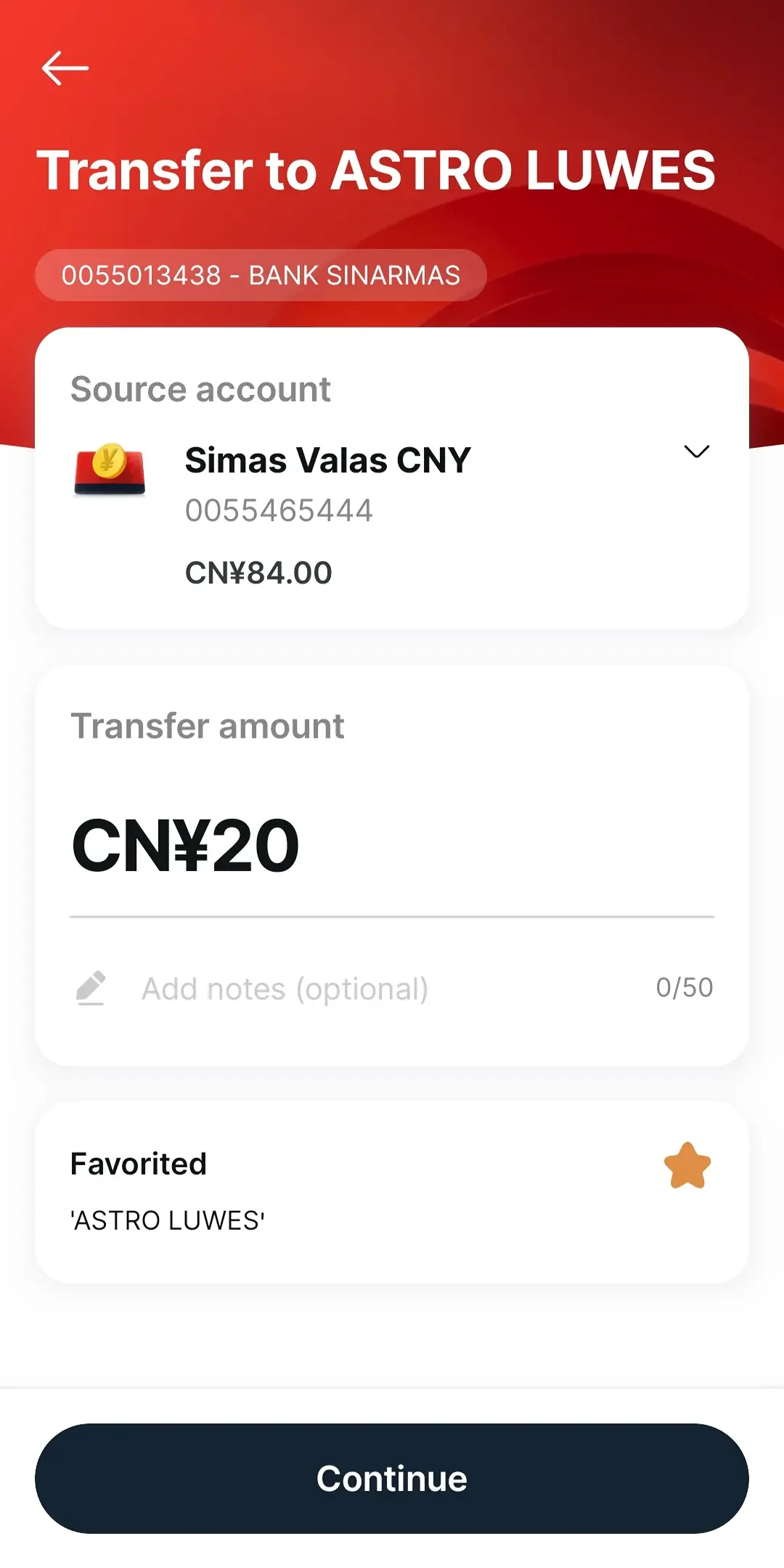 Foreign currency transfer form with source account, amount, and notes.