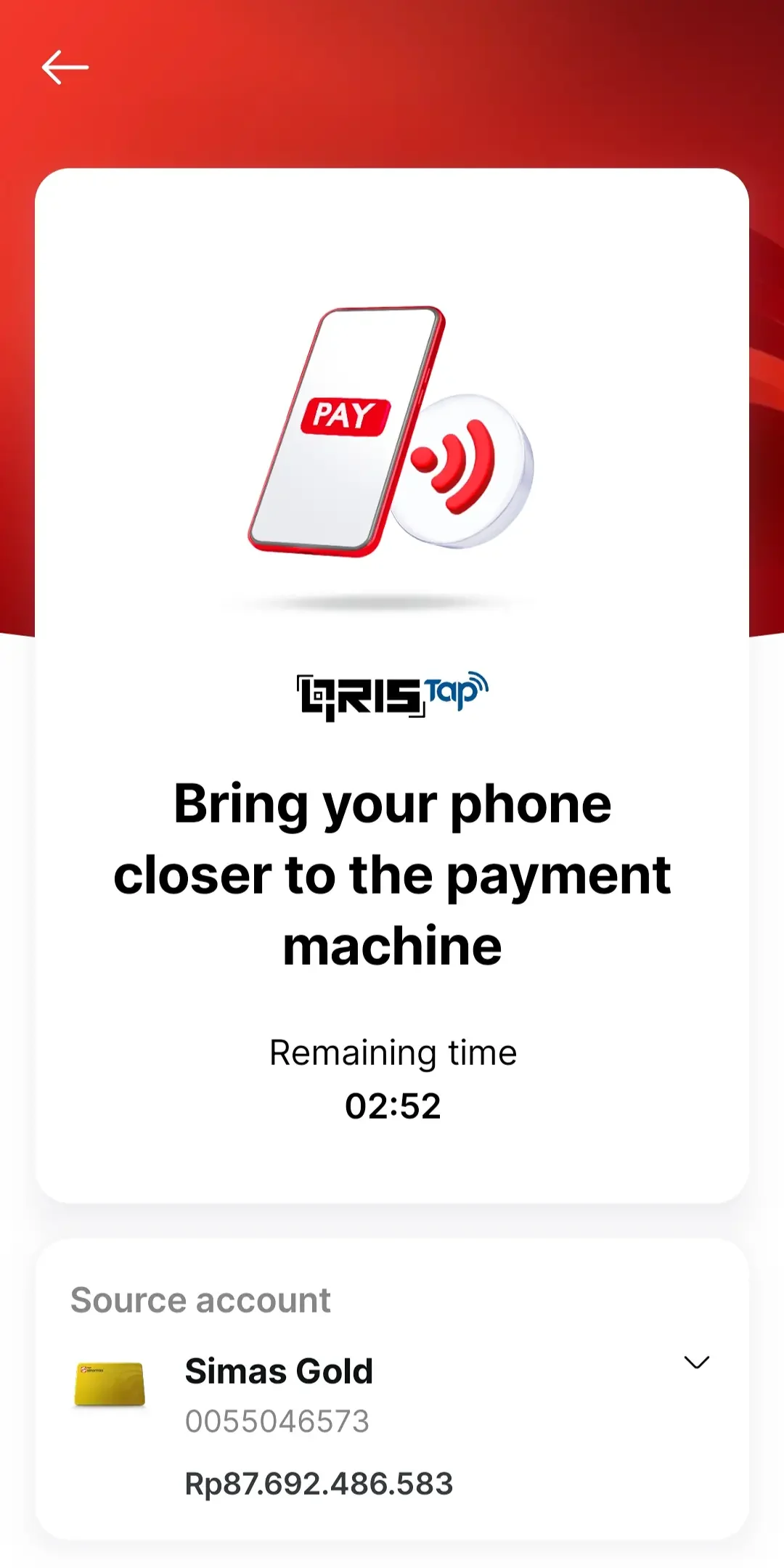 QRIS Tap screen asking the user to hold the phone near the payment machine, with a countdown.