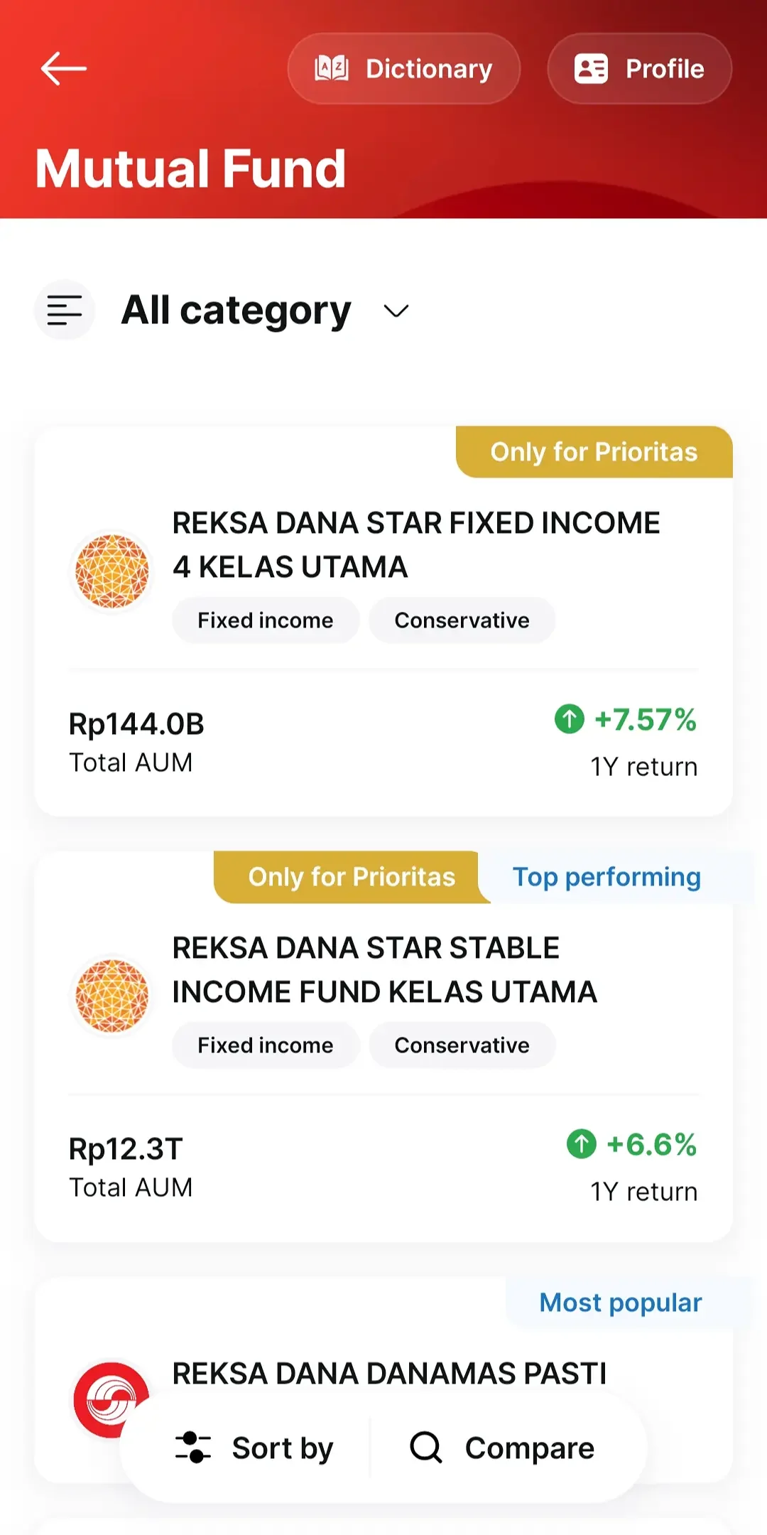 Mutual fund catalogue with category filter, one-year returns, and fund badges.