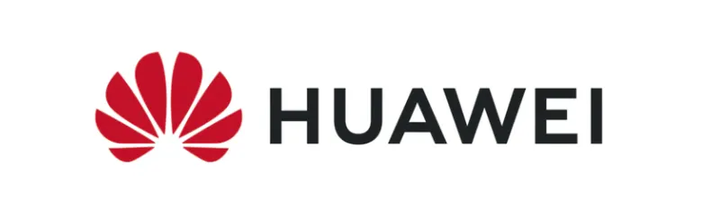 Huawei written in black on a white background, with a large red flower drawn on the left.