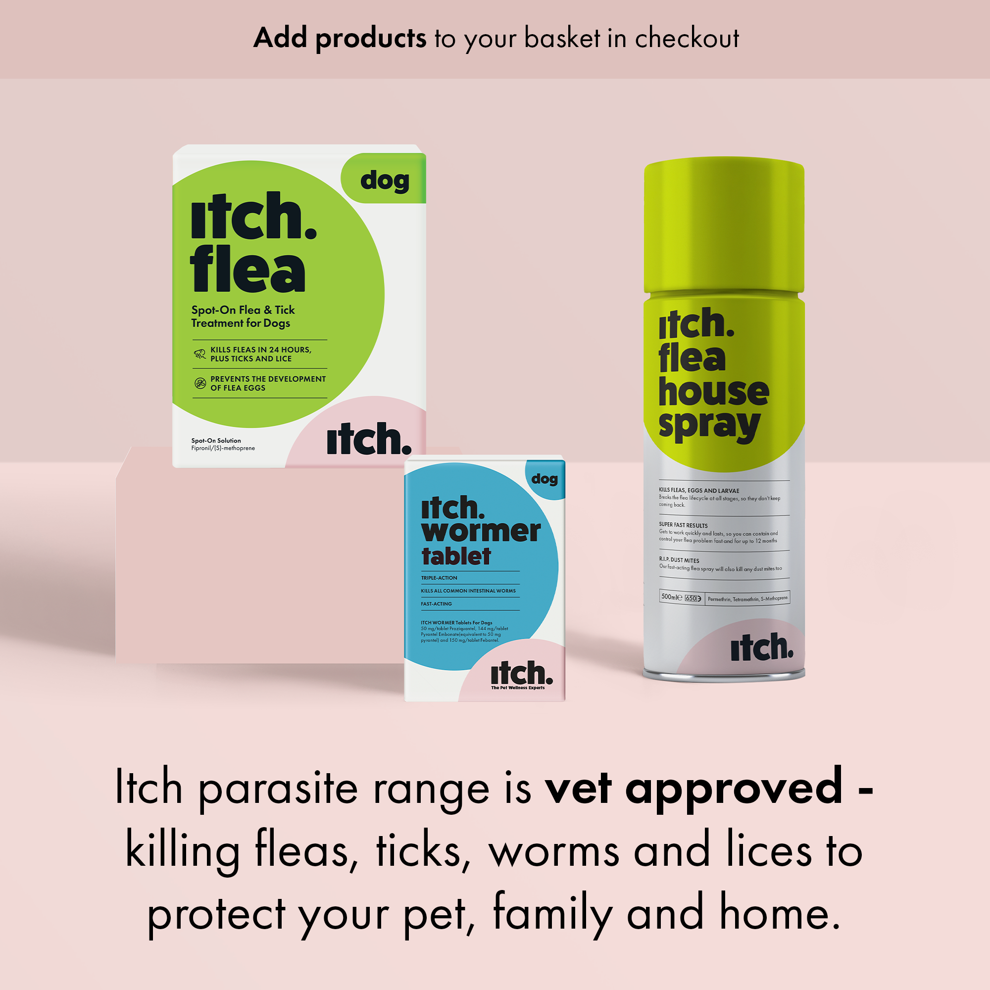 Group image of Itch Flea for Dogs & Puppies box, Itch Wormer for Dogs & Puppies box and can of Itch Flea Home Spray. 