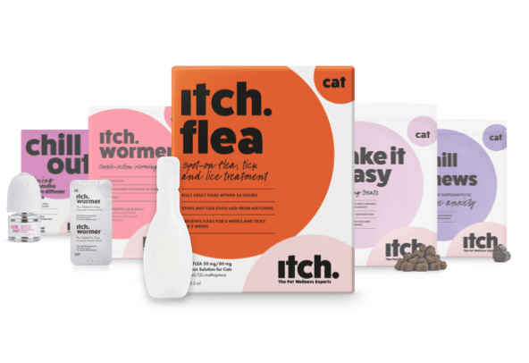 Itch Homepage - Itch Wormer for cats - double action worming tablets, Itch Flea spot on treatment for cats - flea, tick and lice treatment, Chill Out Pheremone plug-in diffuser for cats, Chill out chews for cats, Take it Easy Calming Treats for cats - Customer plan
