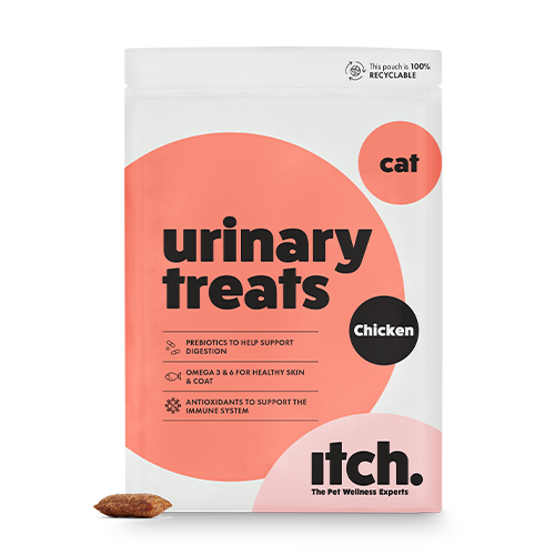 A pouch of Itch Urinary Treats for Cats with kibble