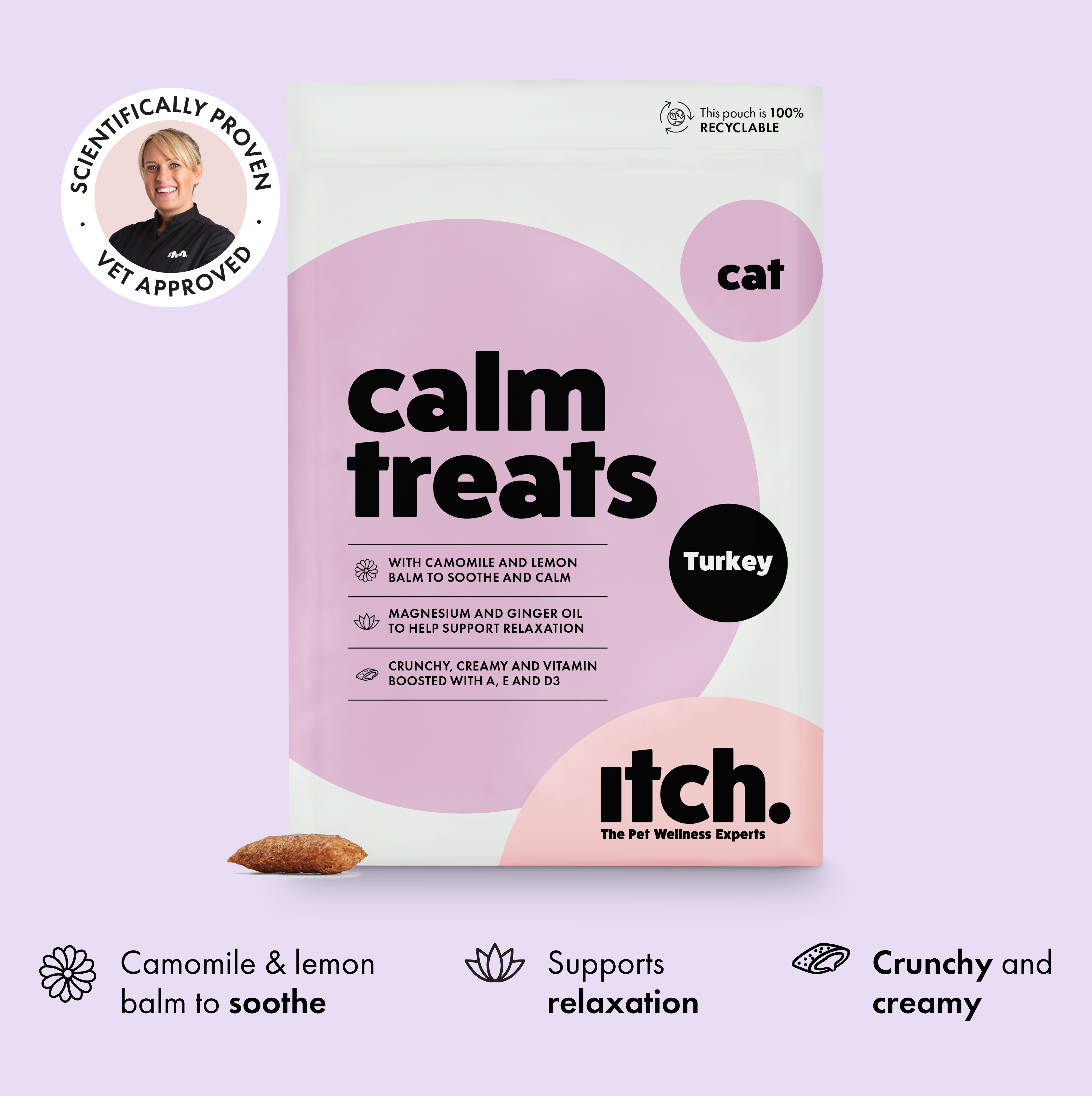Itch Calm Treats for Cats, image of pouch with treat