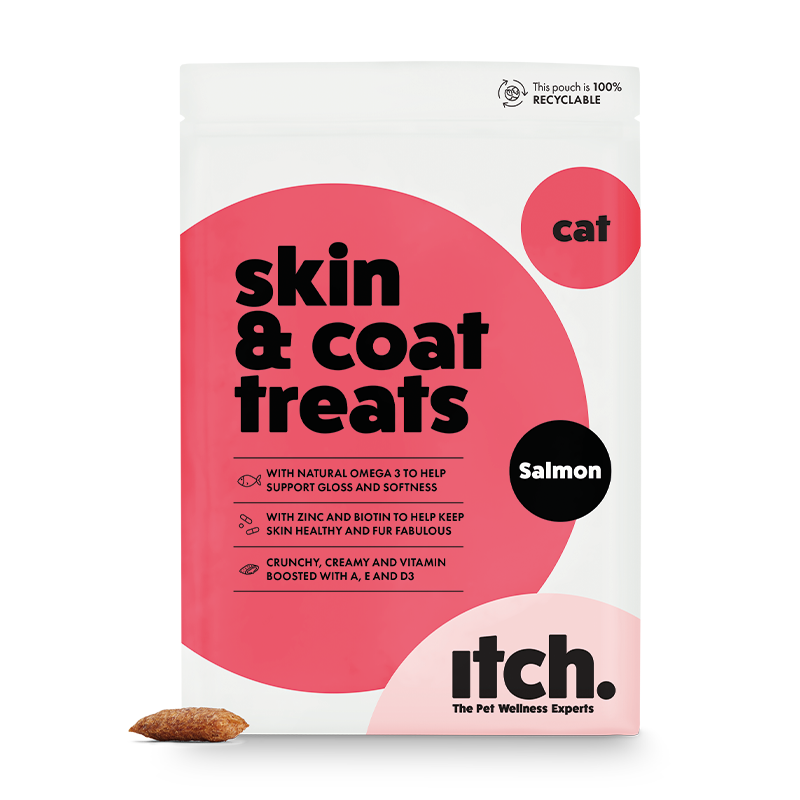 A packshot of Itch Skin & Coat Treats for Cats with a kibble at the side. 
