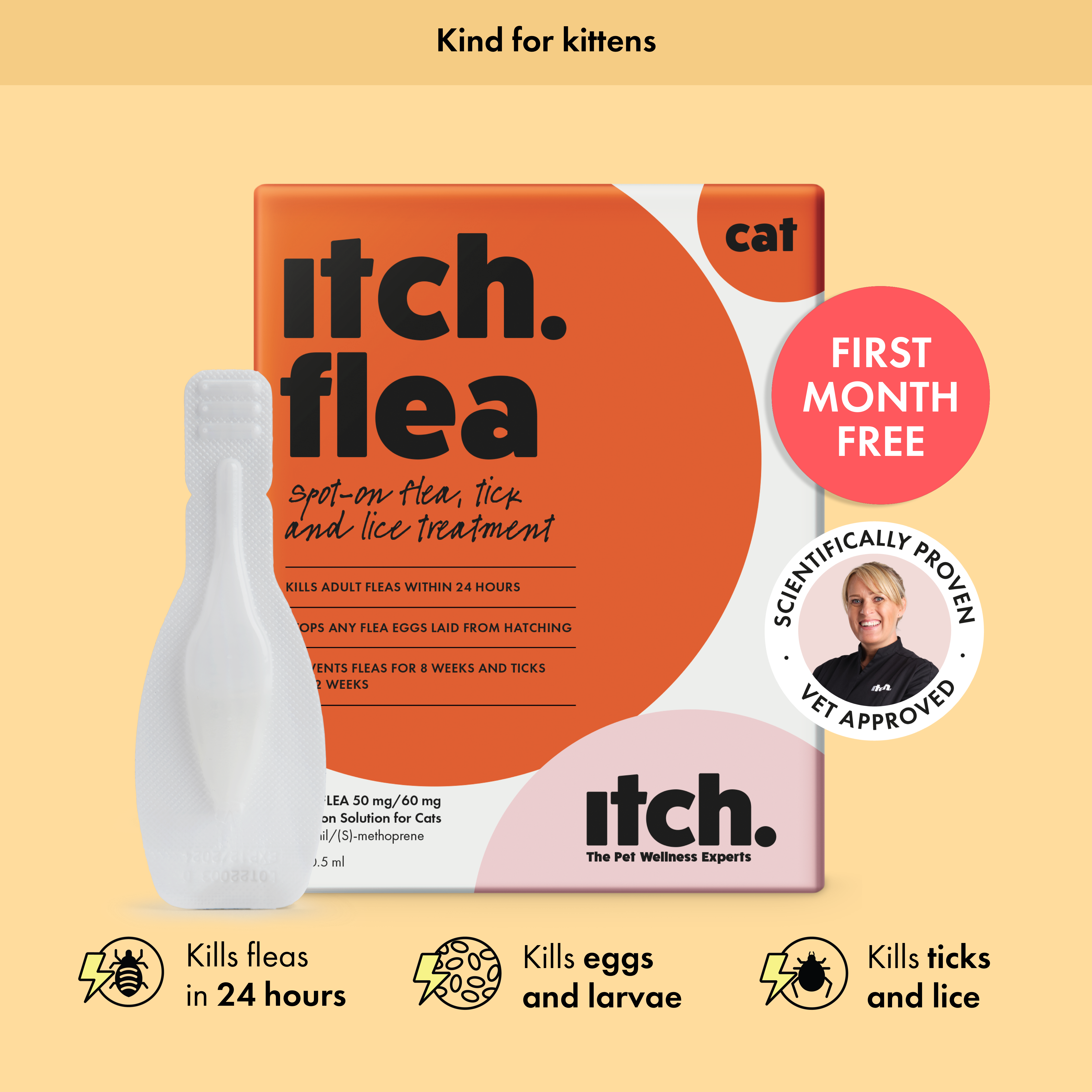 Itch Flea Spot-On Treatment for Cats & Kittens, image of Itch Flea for Cats box and pipette. Vet stamp of approval and first month free icon. 