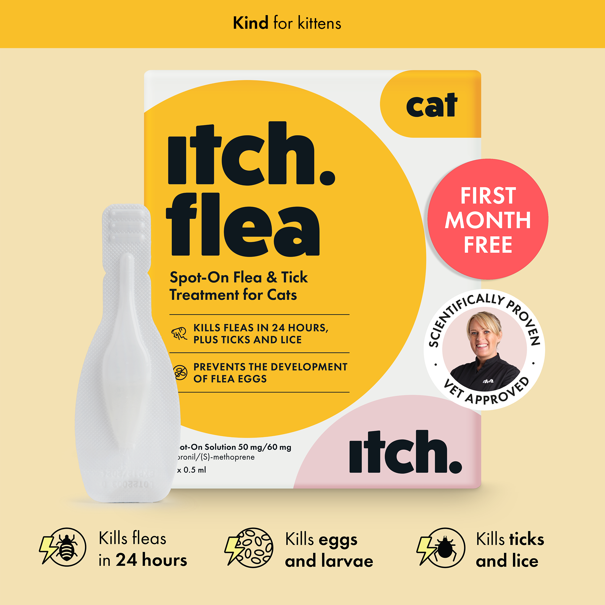 Itch Flea Spot-On Treatment for Cats & Kittens, image of Itch Flea for Cats box and pipette. Vet stamp of approval and first month free icon. 