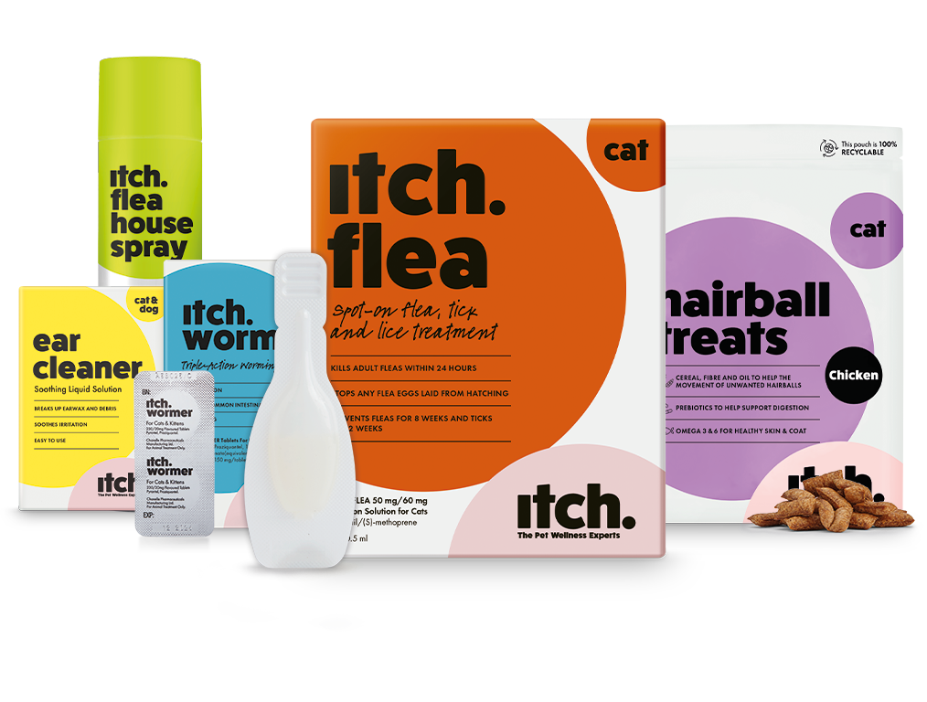Itch pet wellness range - Itch Treats, Itch Flea Treatment, Itch Wormer Tablets and Itch Flea House Spray