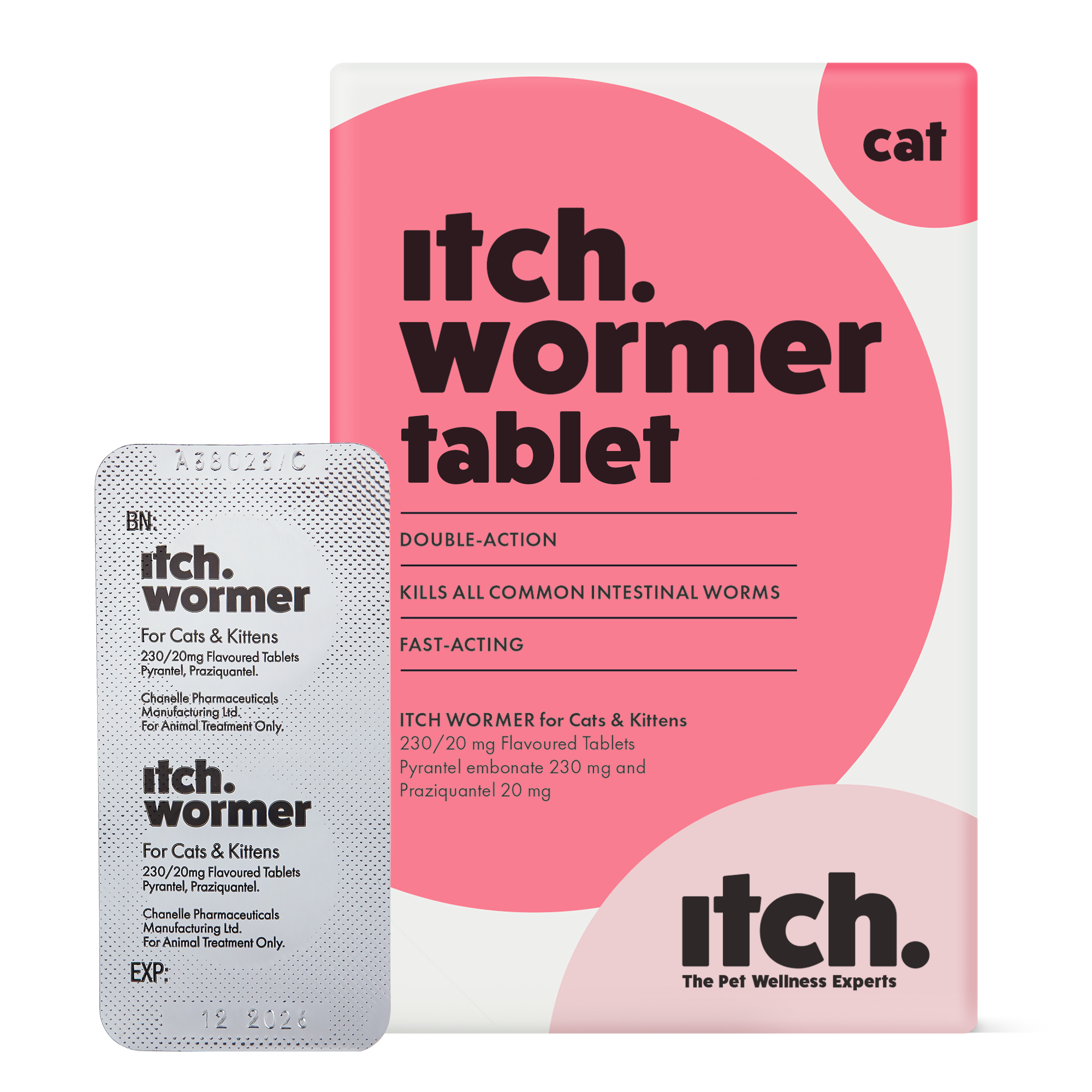 Itch Wormer for cats, double-action worming tablets, image of Itch Wormer packaging