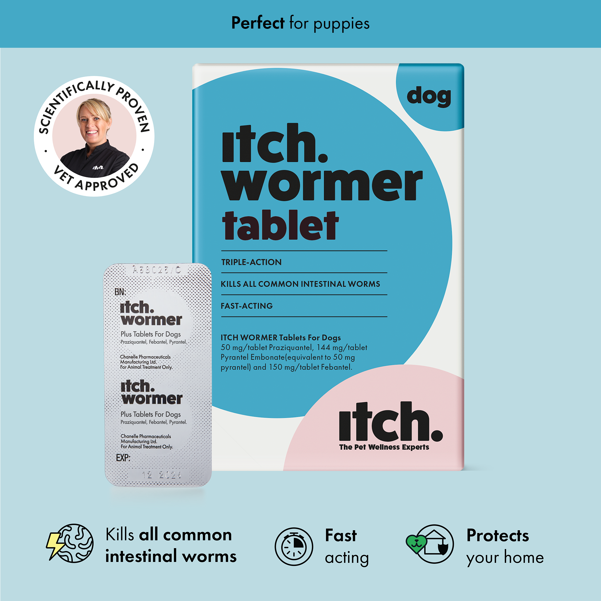 Itch Wormer Tablet, Double-Action worming tablets for dogs & puppies - Itch Wormer Box
