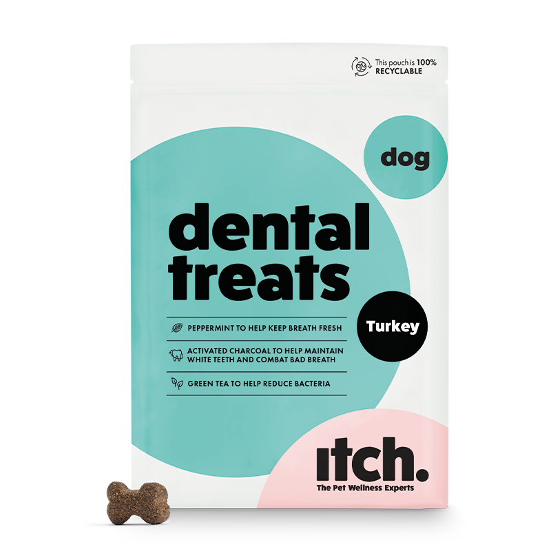 A packshot of Itch Dental Treats for Dogs with a kibble at the side. 