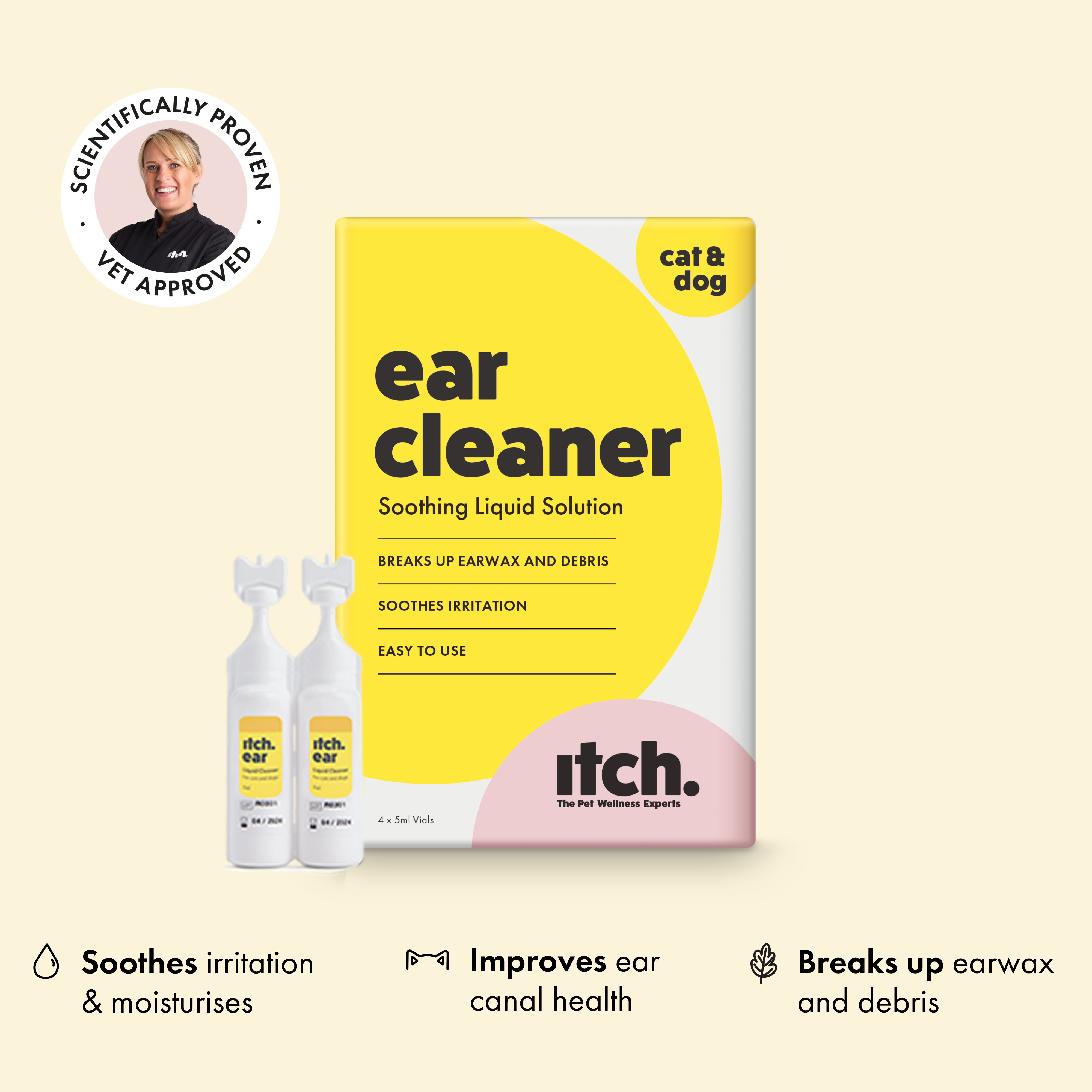 Itch Ear, Liquid Ear Cleaner for Cats and Dogs, image of box with vials