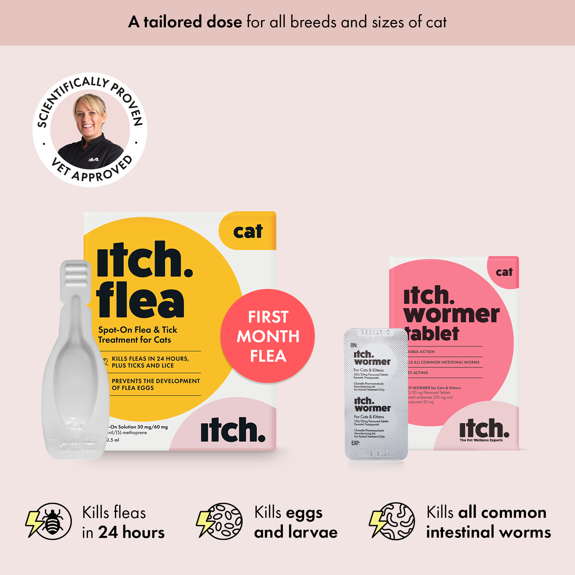 Itch Flea Treatment for Cats box and Itch Wormer for Cats box and pill packet