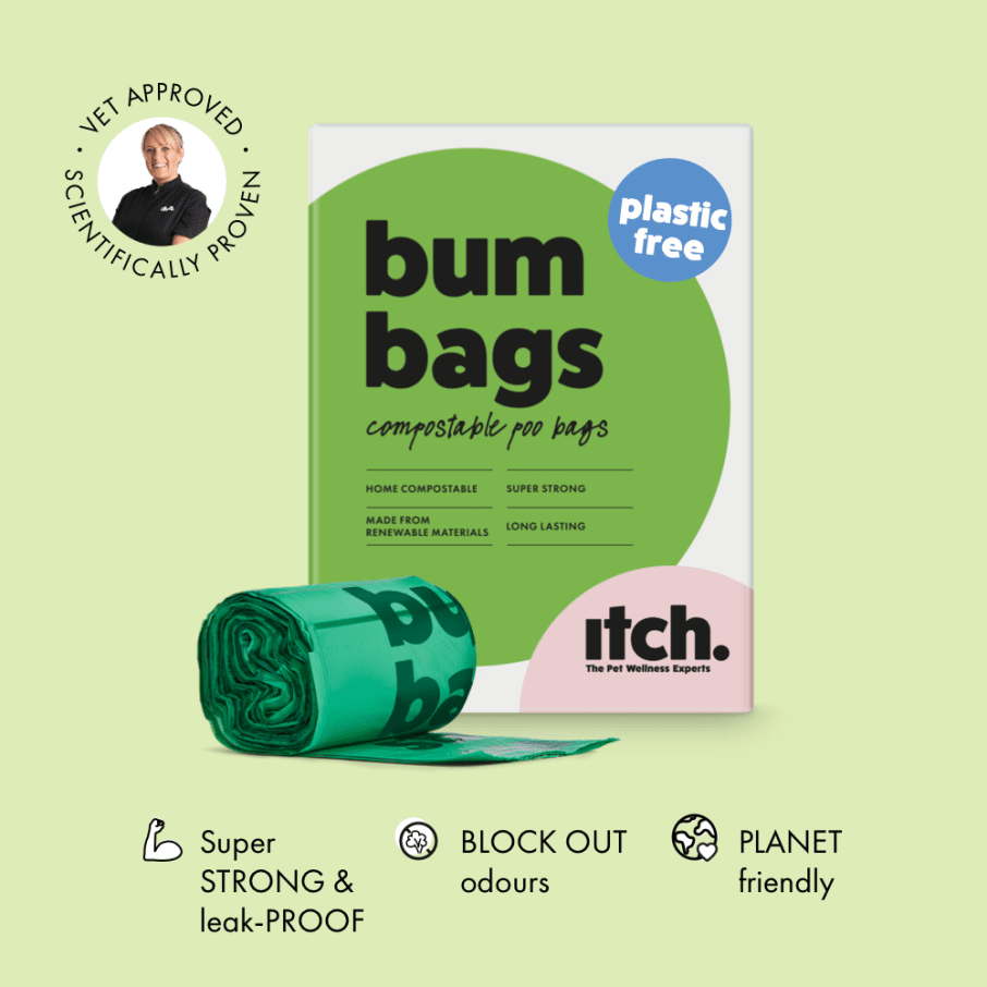 Itch Bum Bags, Plastic Free Compostable poo bags for Dogs - image of box with bags