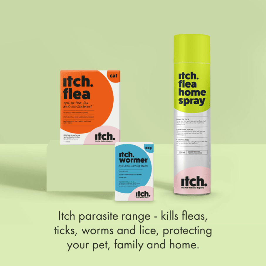 Itch Flea and Wormer Treatments for Cats - Image of Itch Wormer box and Itch Flea box and Home Spray. Get started to add to plan roundel. 