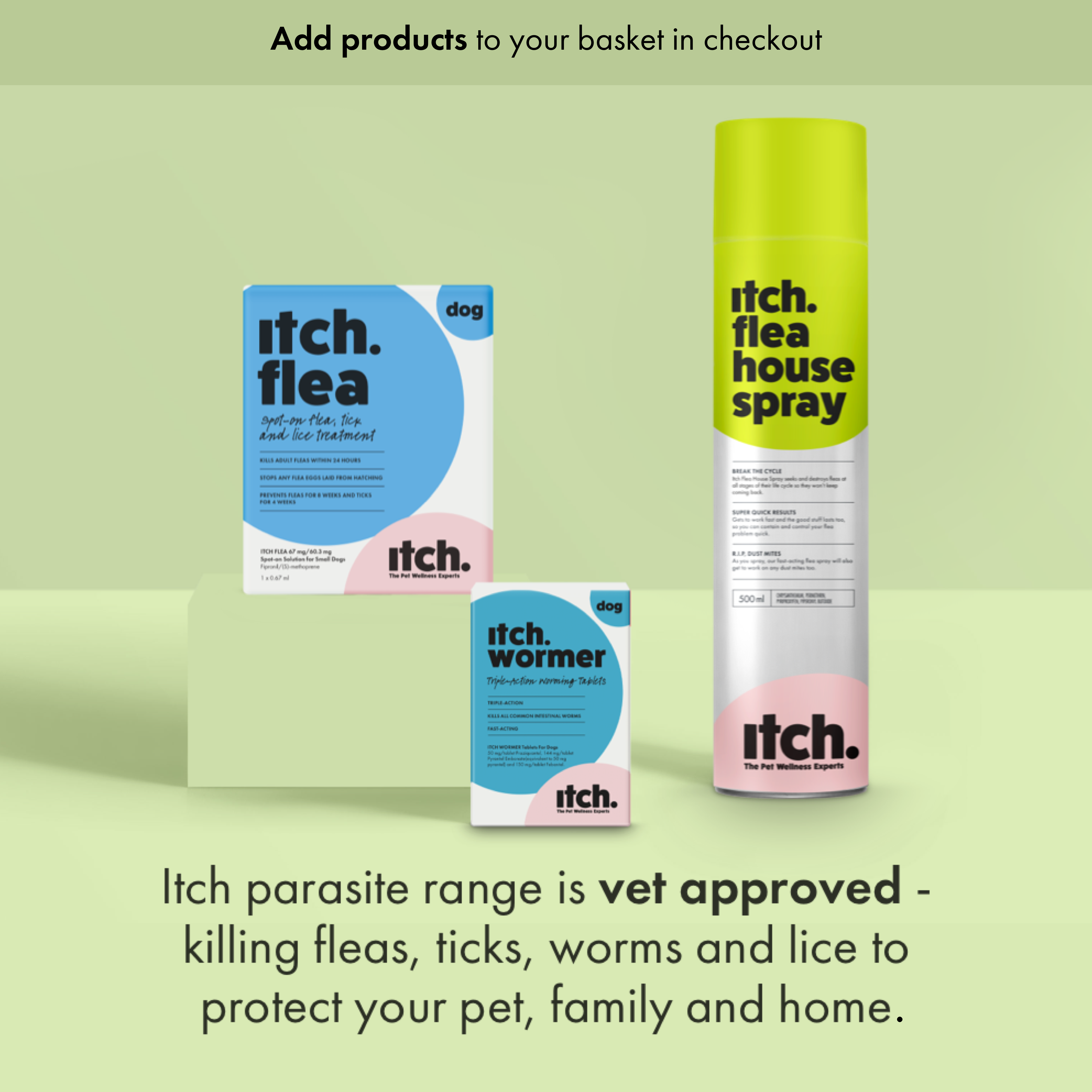 Itch Flea and Tick Treatment for Dogs. Itch Wormer Tablets for Dogs. Itch Flea Home Spray for houses. 