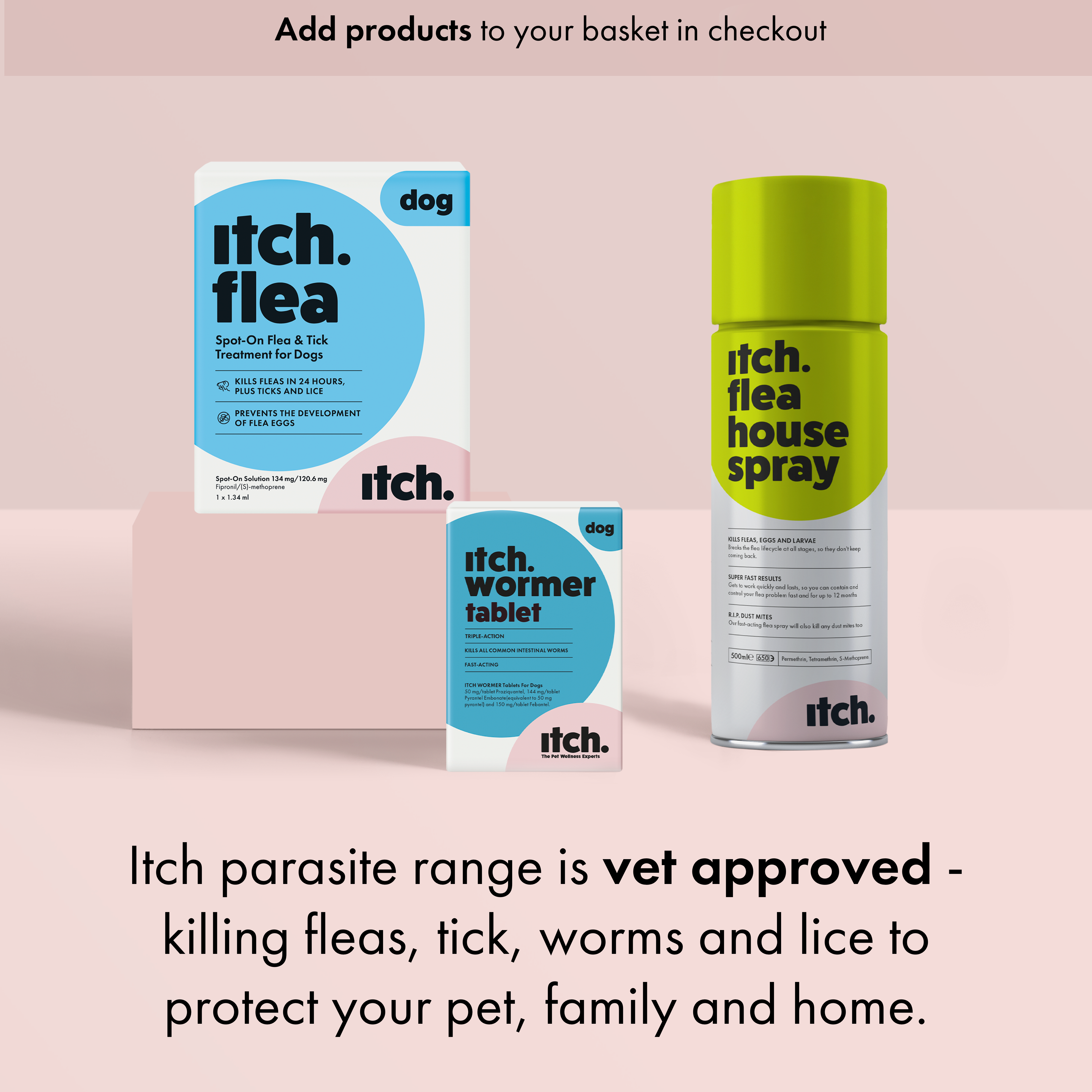 Itch Flea and Tick Treatment for Dogs. Itch Wormer Tablets for Dogs. Itch Flea Home Spray for houses. 