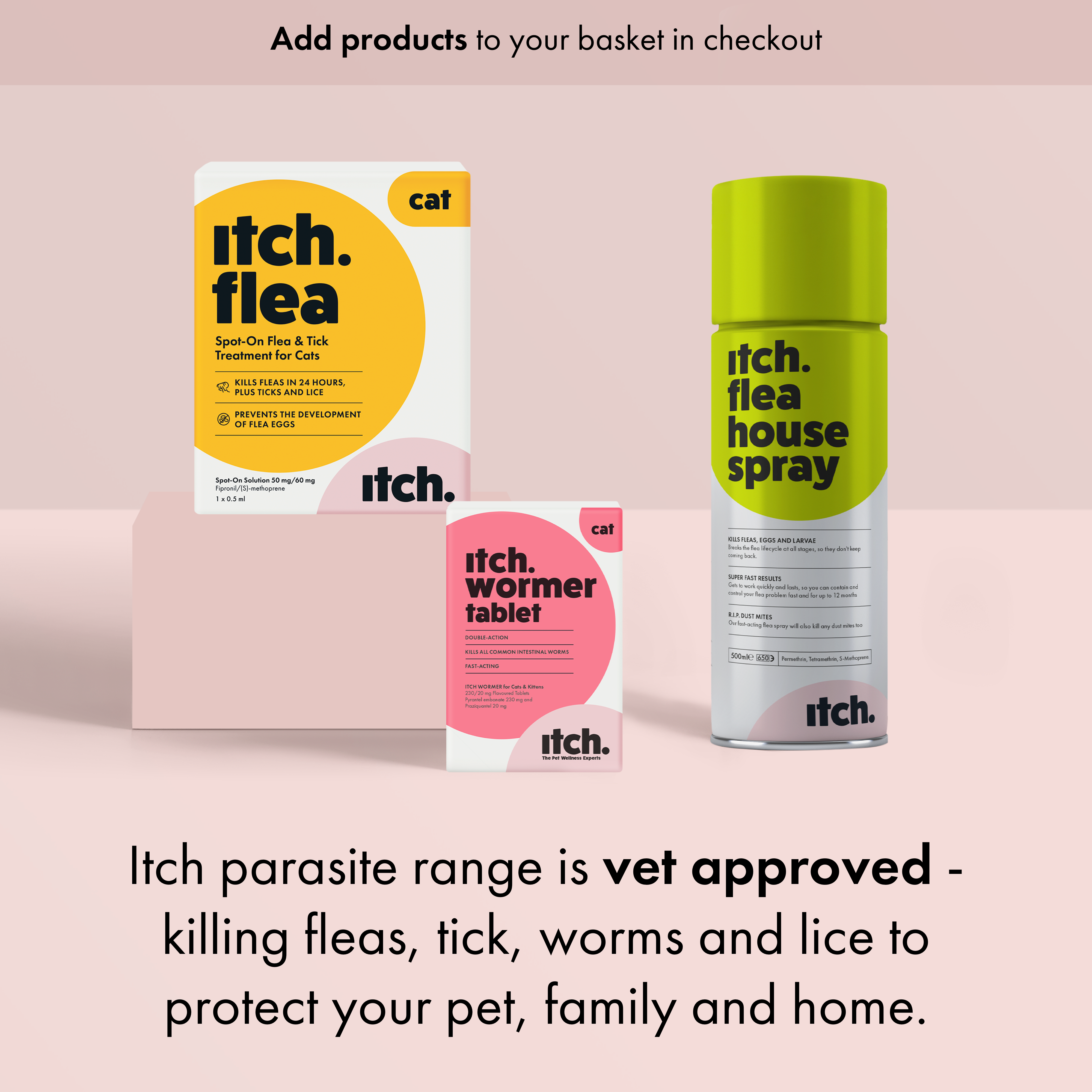 Itch Flea and Tick Treatment for Cats. Itch Wormer Tablets for Cats. Itch Flea Home Spray for houses. 
