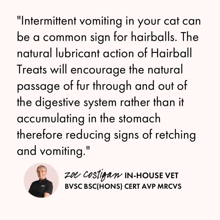 Itch Furball treats, treats to breakdown hairballs for cats - vet quote