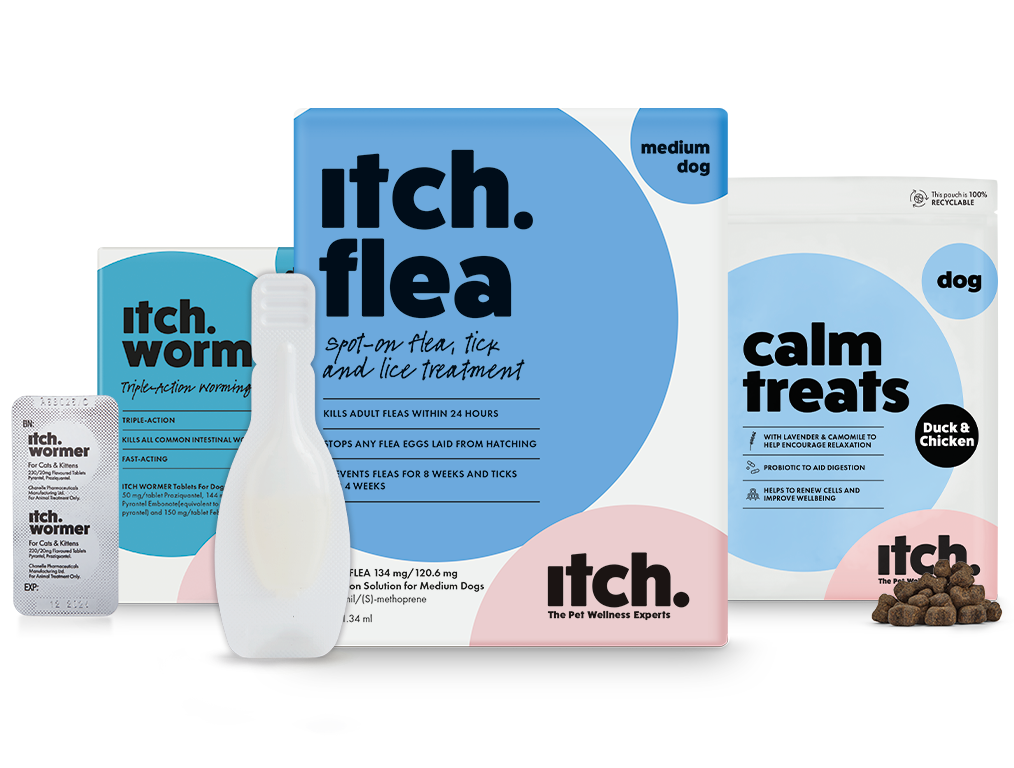 Pack shots of Itch Flea Treatment for Dogs, Itch Wormer Tablets for Dogs and Itch Calm Treats for Dogs