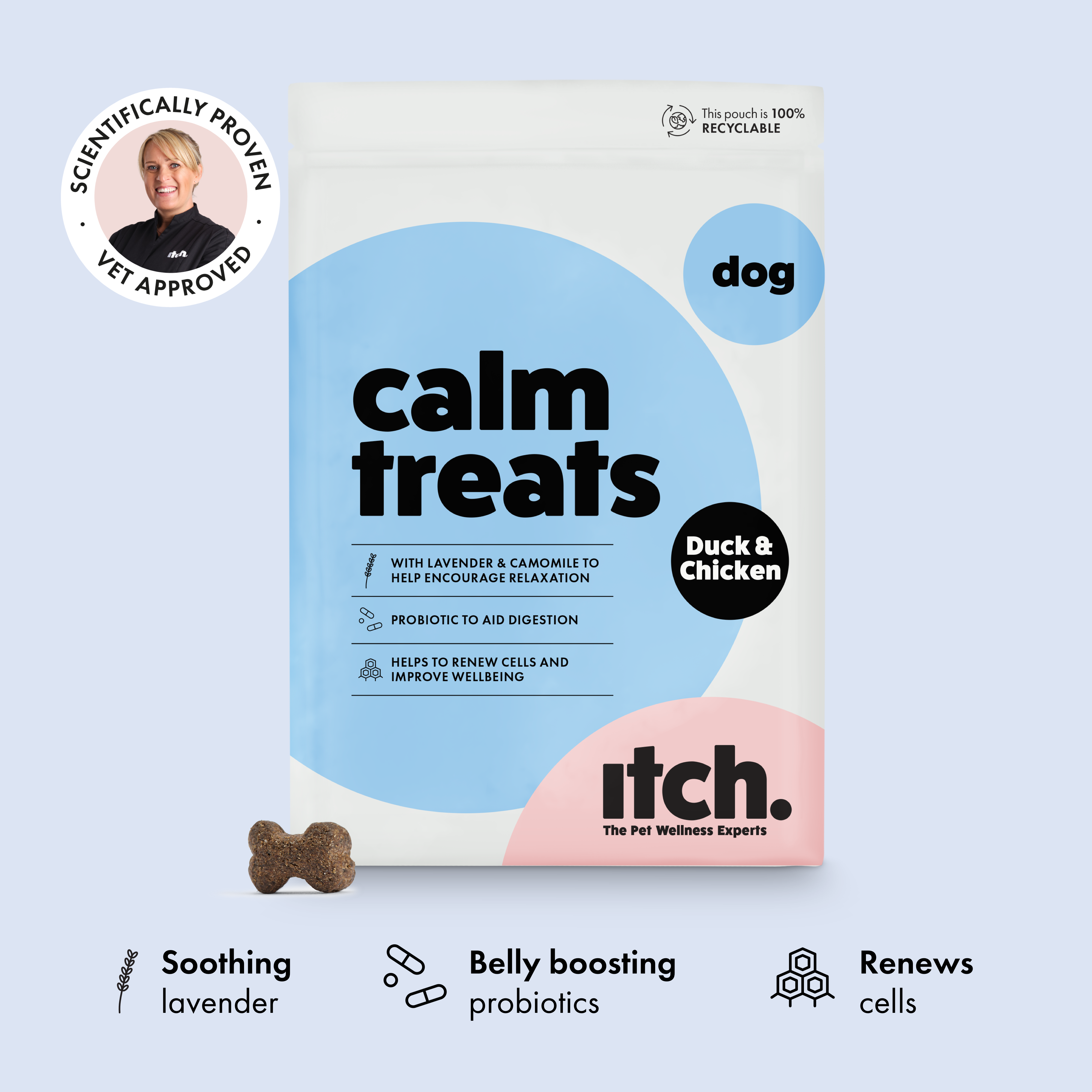 Itch Calming treats for Dogs, Image of pouch with treat