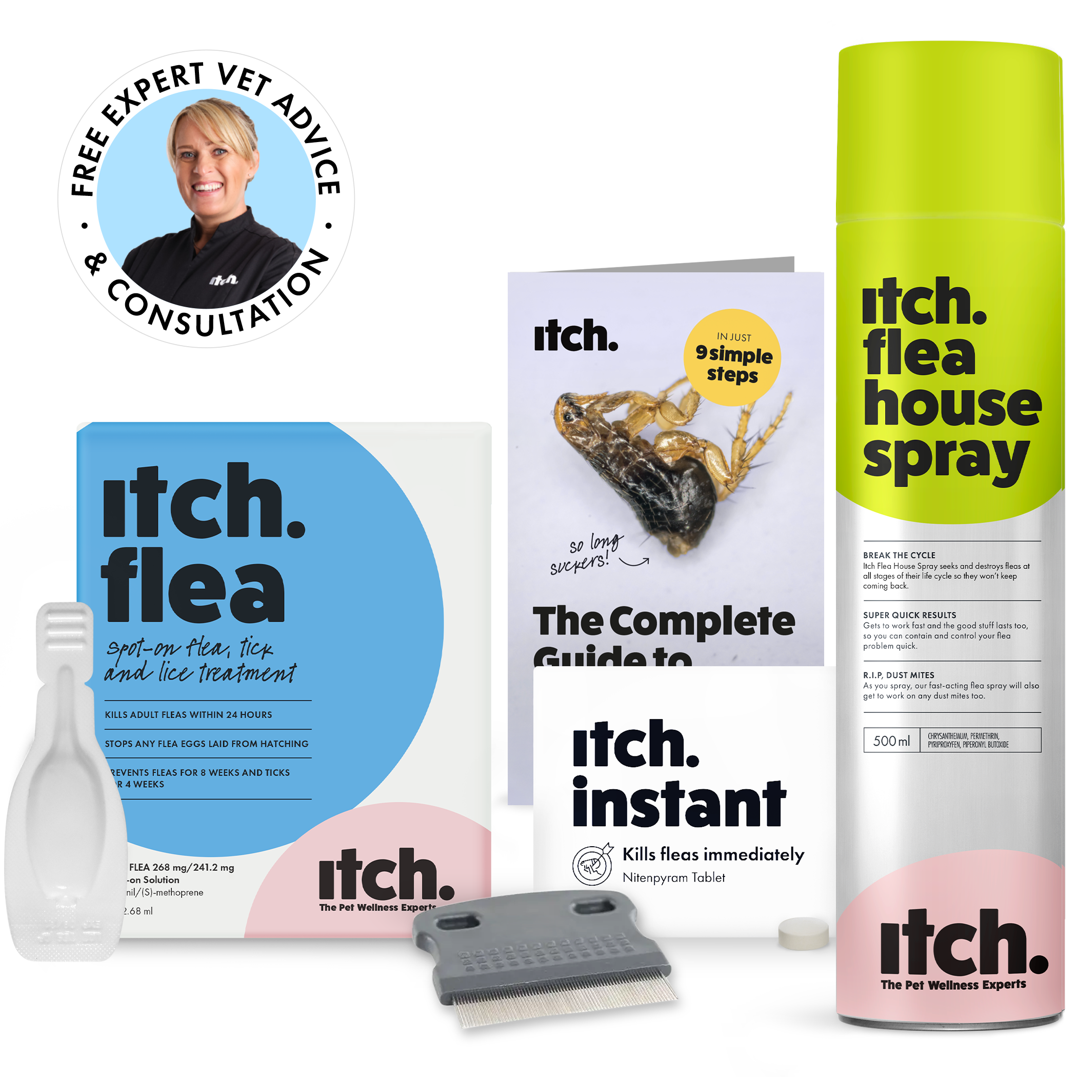 Products in the Itch Flea Eradication Kit to Get Rid Of Fleas - Itch Flea House Spray, booklet, flea comb, Itch Instant, Itch Flea Treatment 