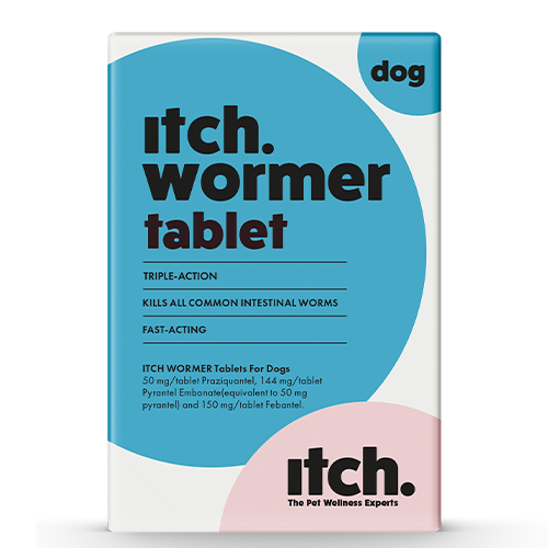 Itch Wormer for dogs, triple-action worming tablets, image of Itch Wormer dog packaging