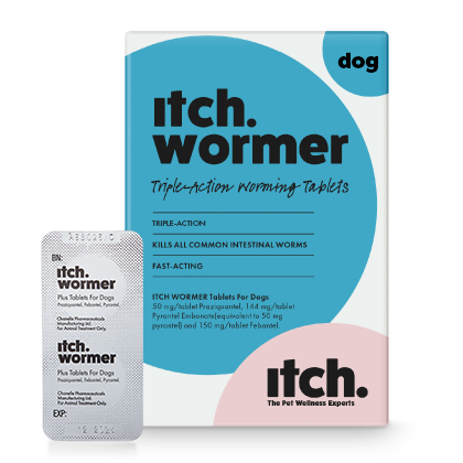 Itch Wormer for dogs, triple-action worming tablets, image of Itch Wormer dog packaging with foil