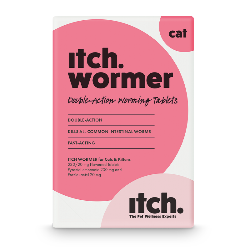 Itch Wormer for cats, double-action worming tablets, image of Itch Wormer packaging