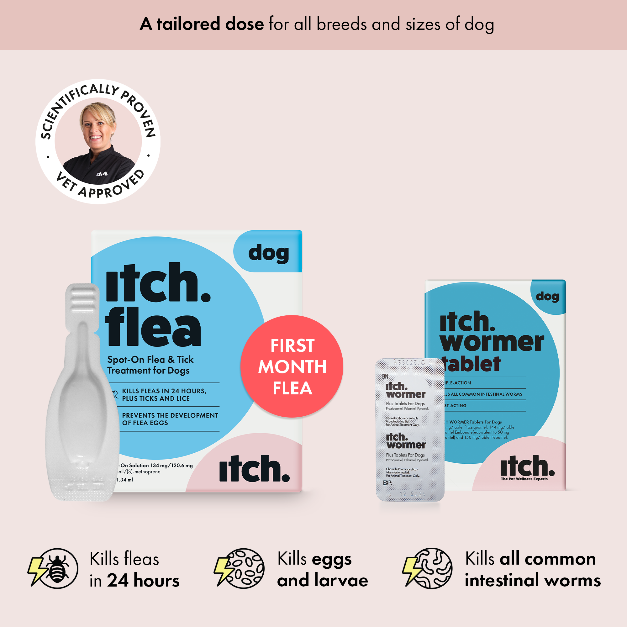 Itch Flea treatment for Dogs and Itch Wormer Tablets for Dogs