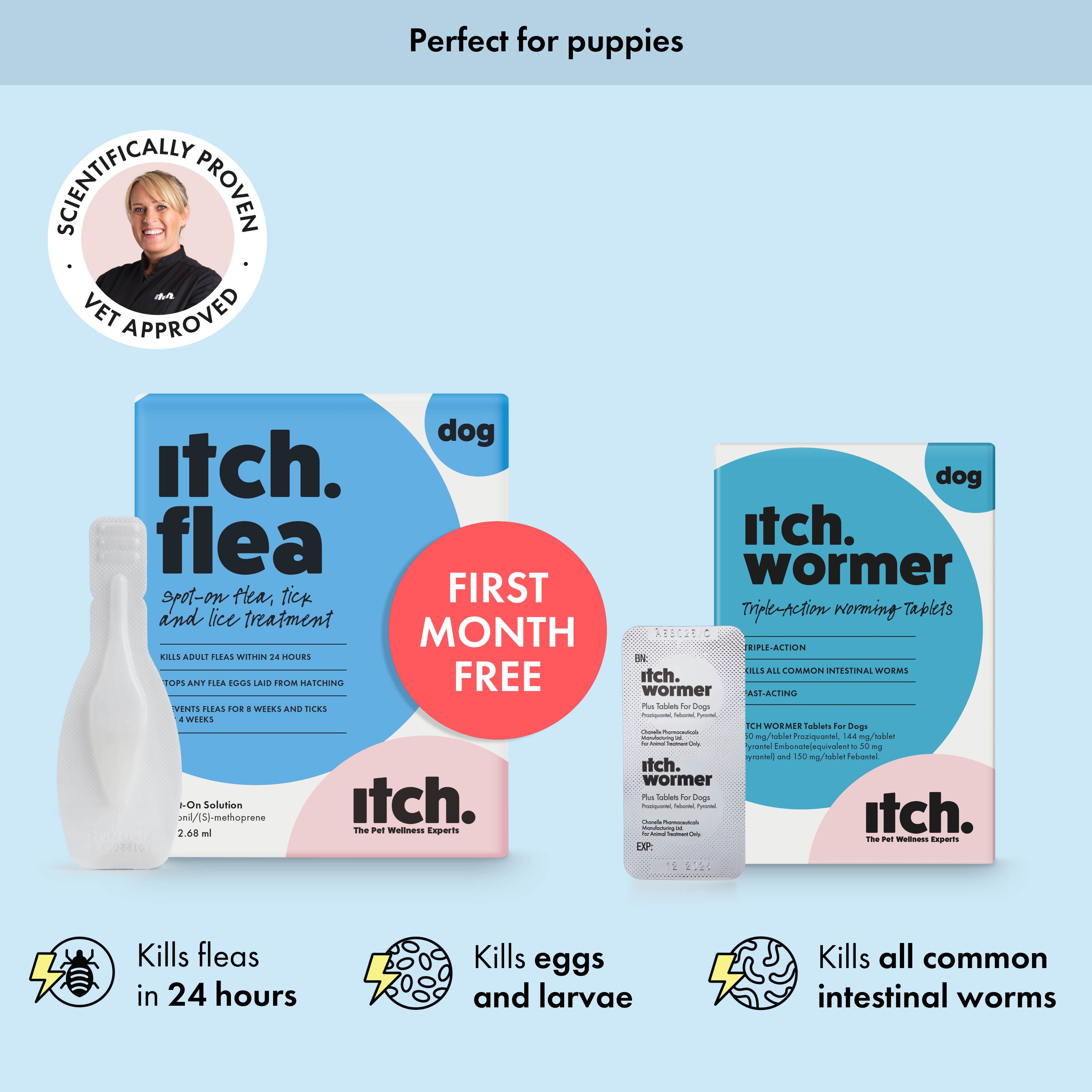 Itch Flea treatment for Dogs and Itch Wormer Tablets for Dogs