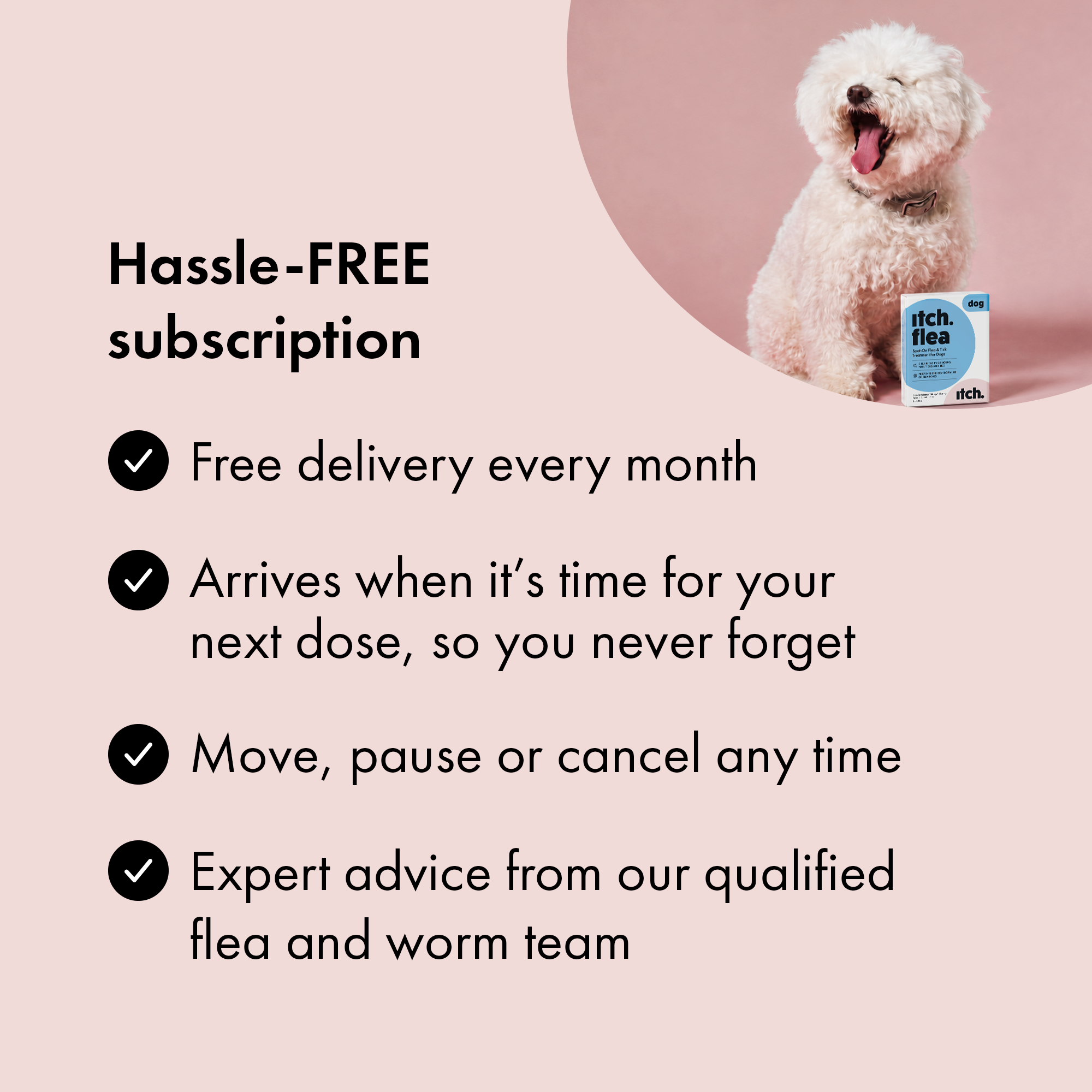 Benefits of subscribing to Itch Flea & Tick Treatment for Dogs. 