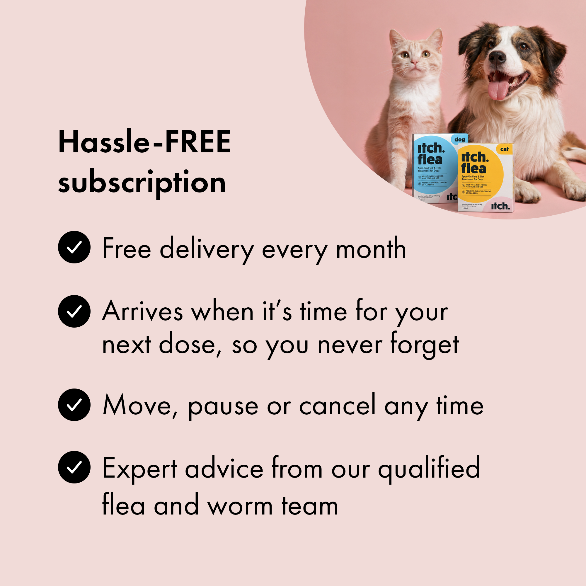 Benefits of subscribing to Itch Flea & Tick Treatment for Cats & Dogs. 