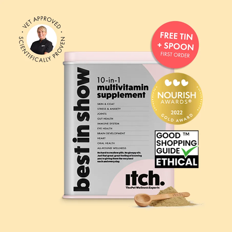 Itch Best in Show, 10-in-1 multivitamin supplement for cats & dogs, image of tin with spoon