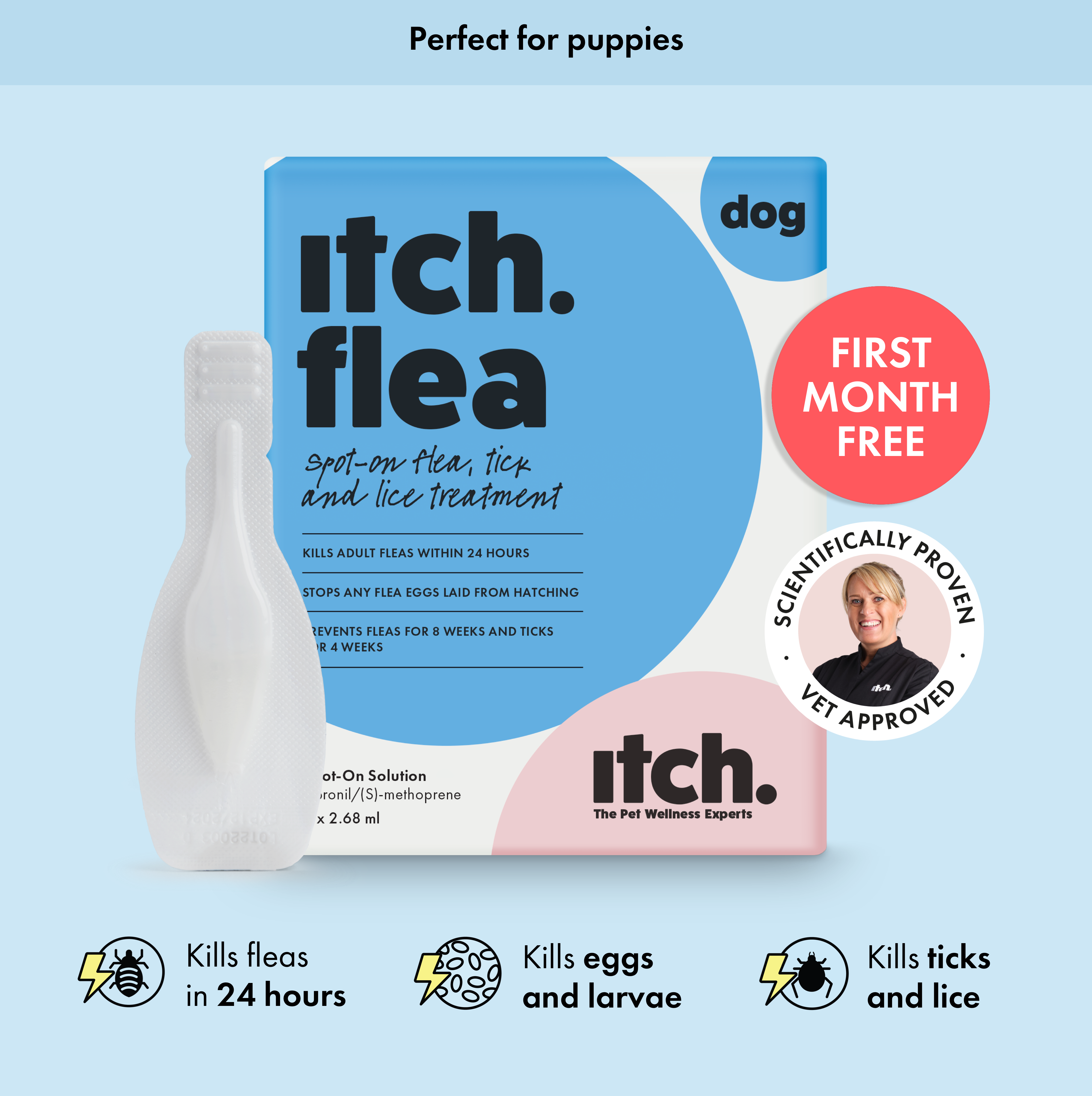 Itch Flea Spot-On Treatment for Dogs, image of Itch Flea for Small Dogs box and pipette. Vet approved icon and first month free icon. 