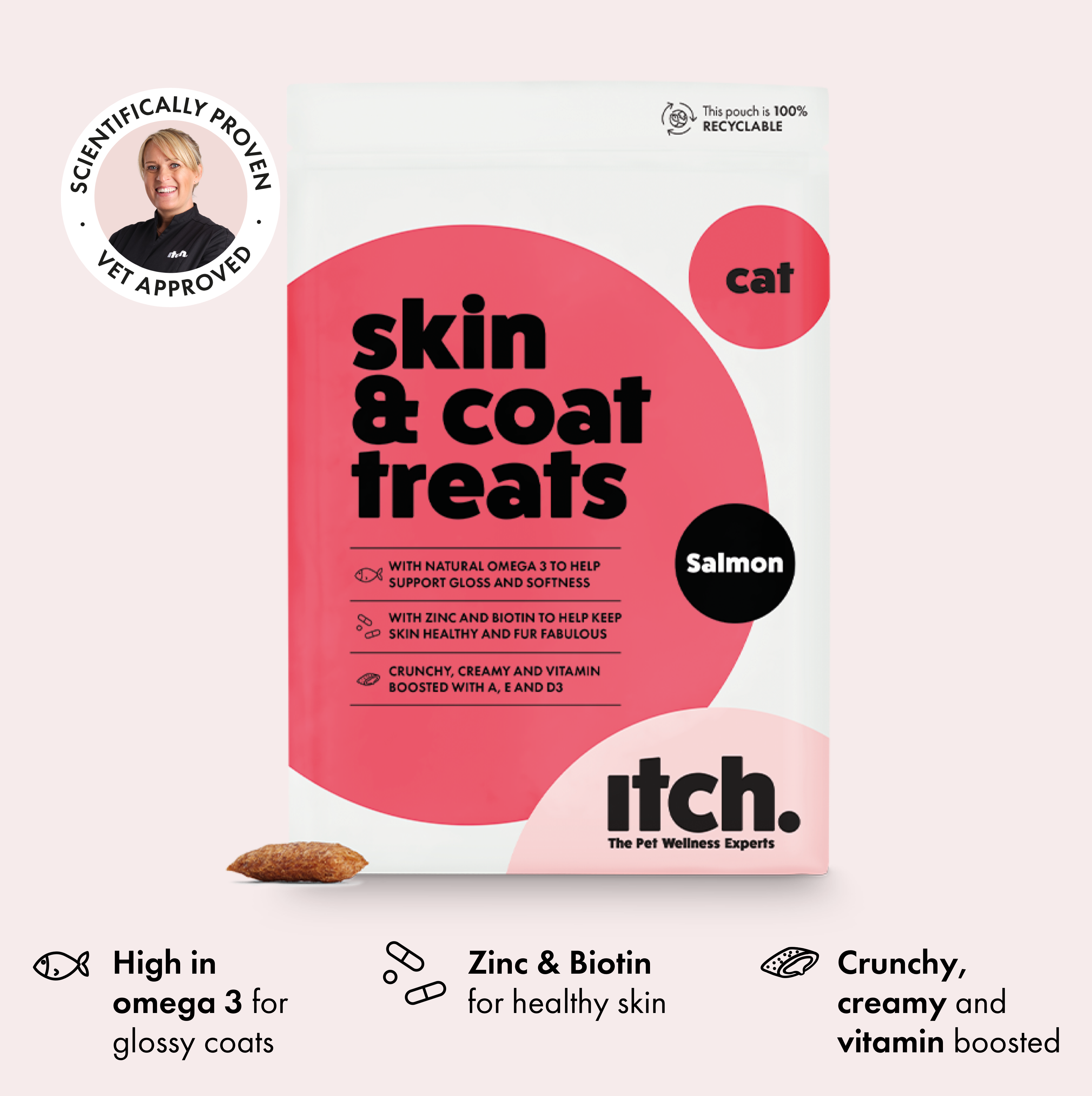Itch Skin & Coat Treats for Cats, image of pouch with treat