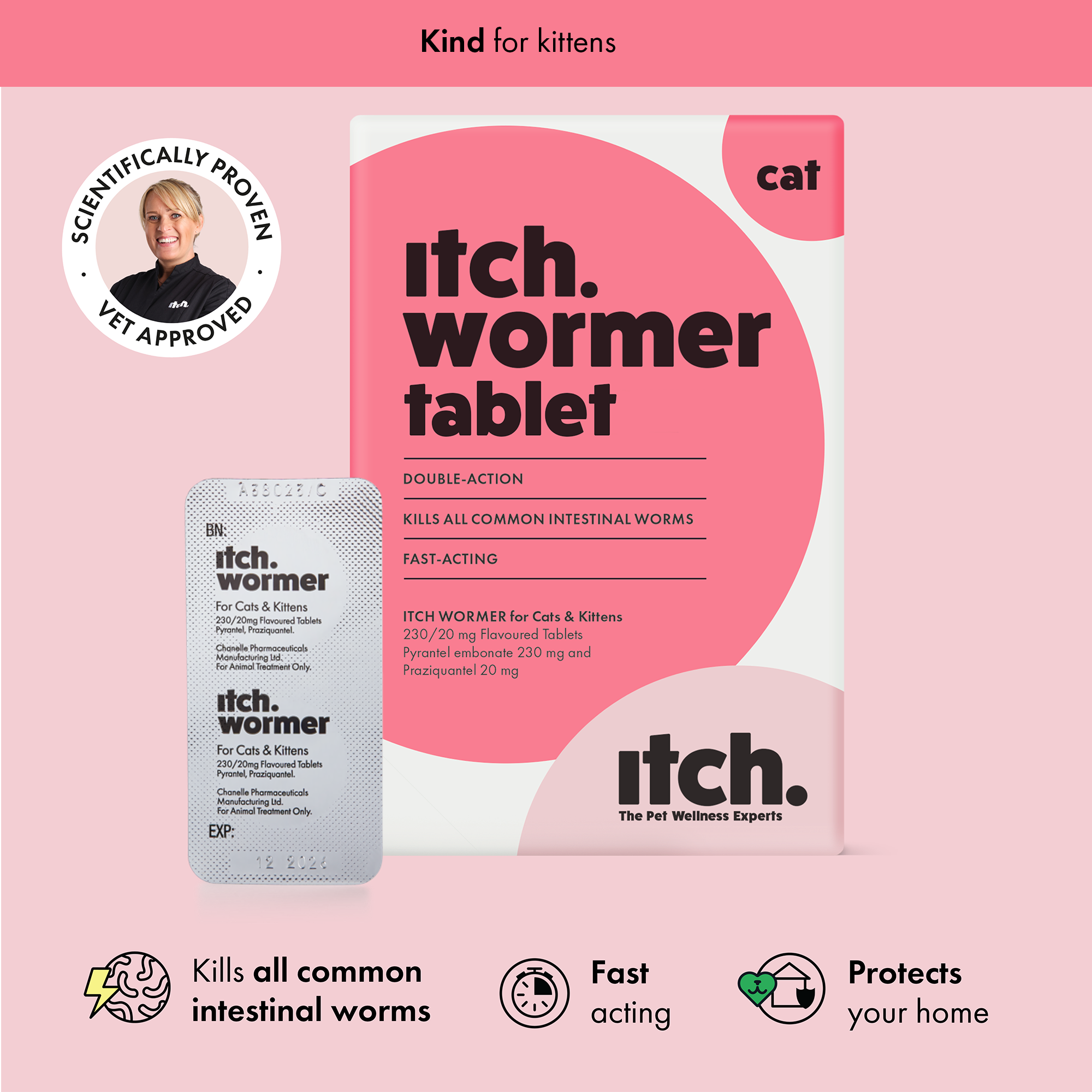 Itch Wormer Tablet, Double-Action worming tablets for Cats & Kittens - Itch Wormer Box
