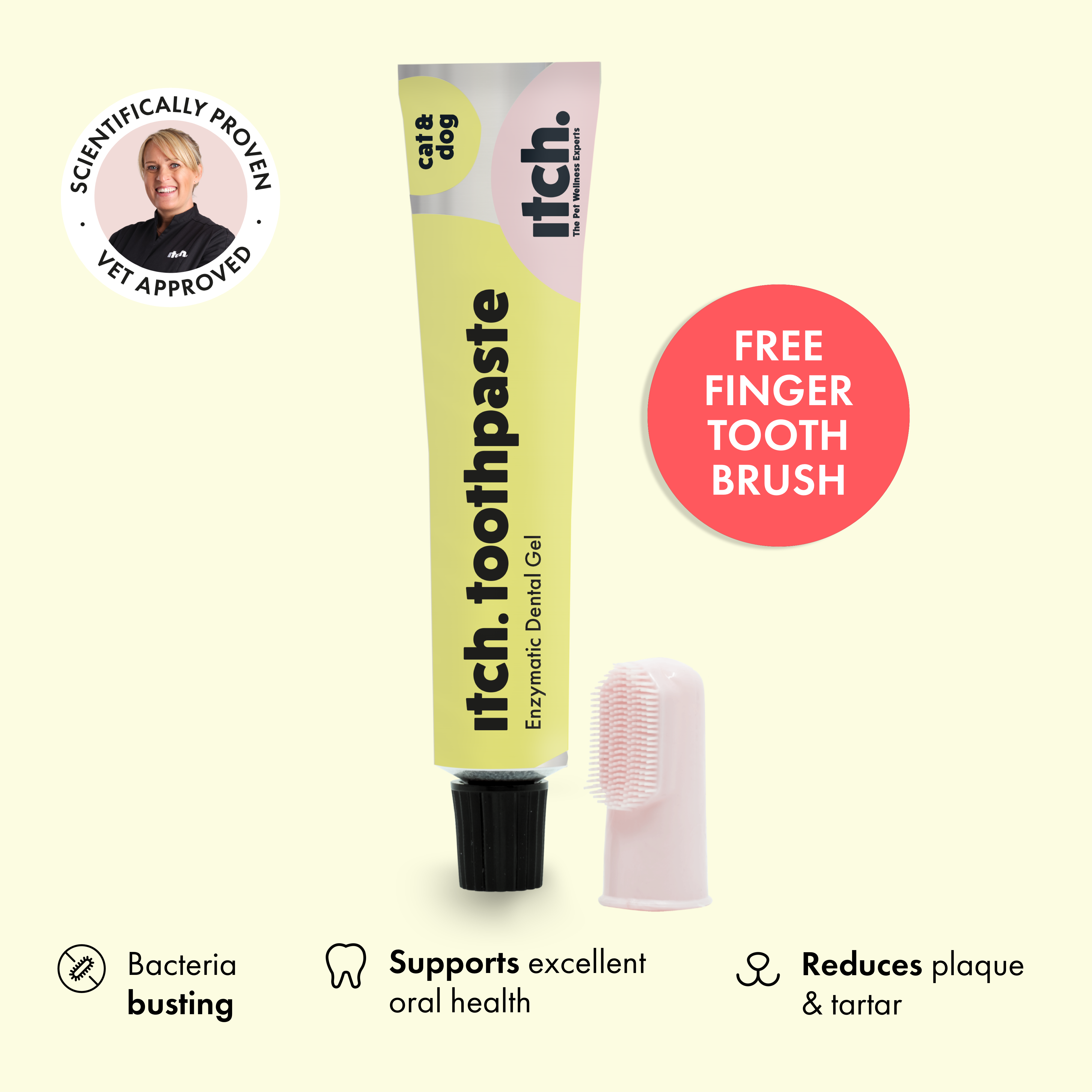 Itch Dental Toothpaste, Toothpaste for cats and dogs, packaging, tube and finger brush group image