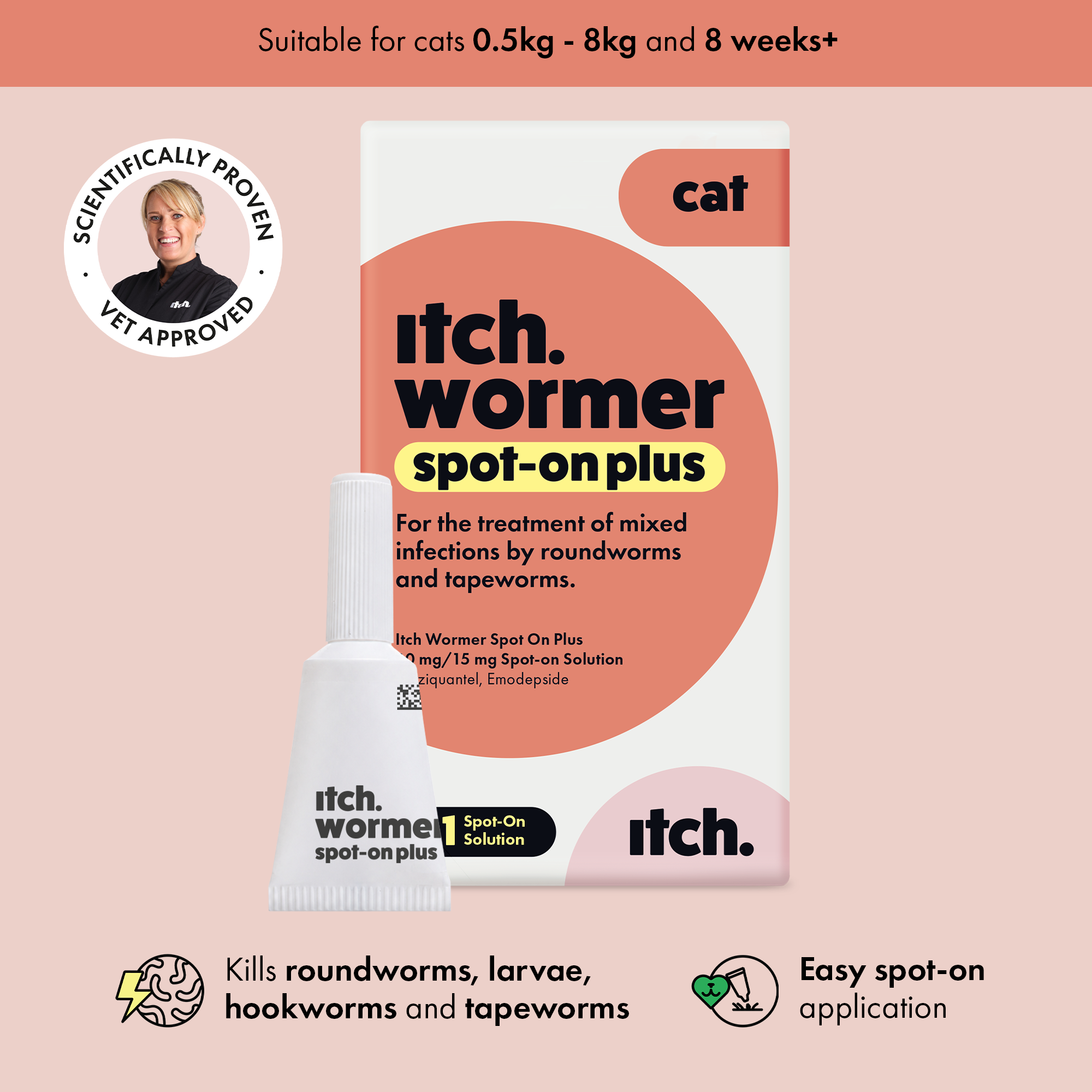 Carton and pipette Itch Wormer Spot-On Plus which kills all common intestinal cat worms, fast.