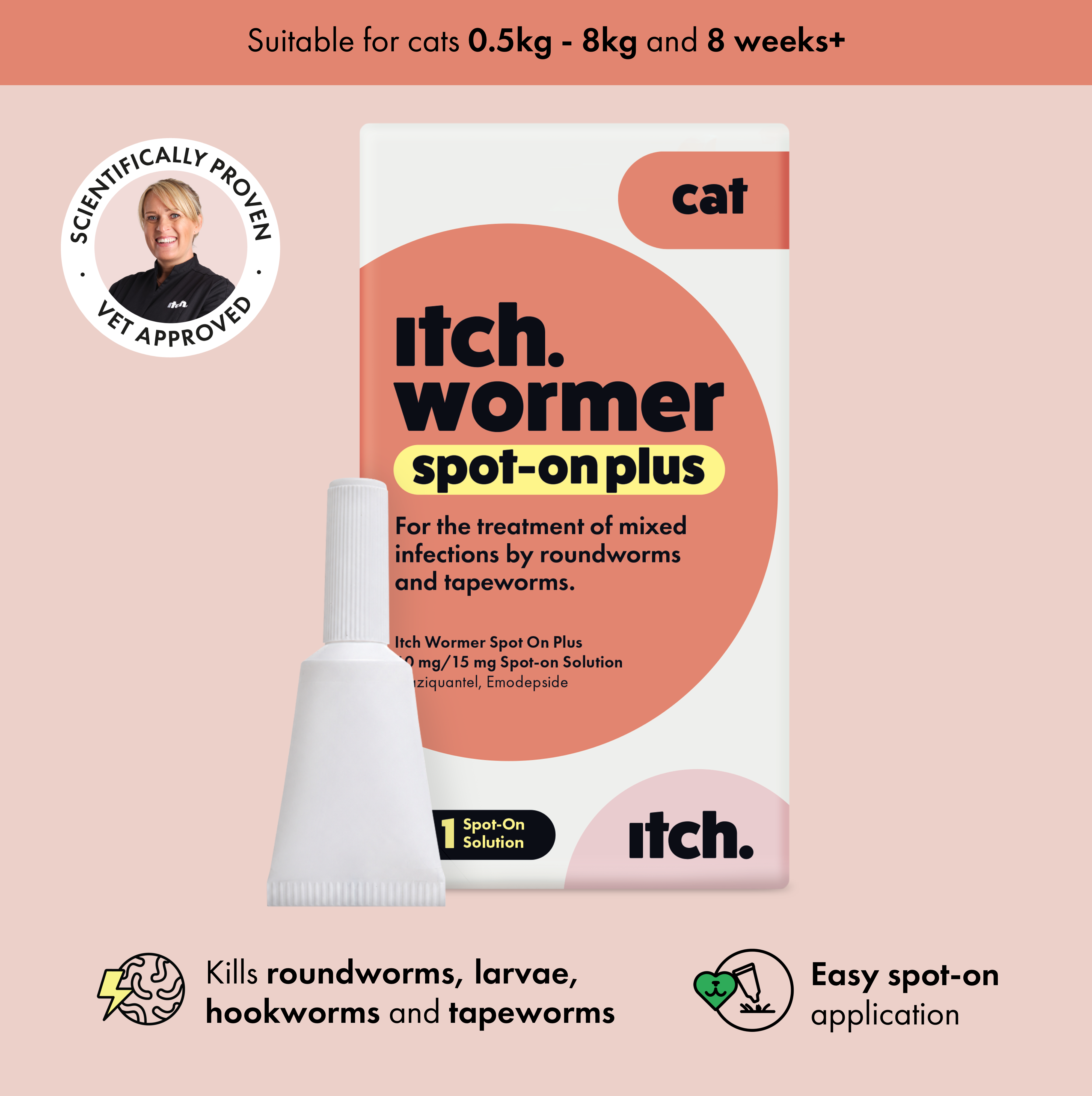 Carton and pipette Itch Wormer Spot-On Plus which kills all common intestinal cat worms, fast.