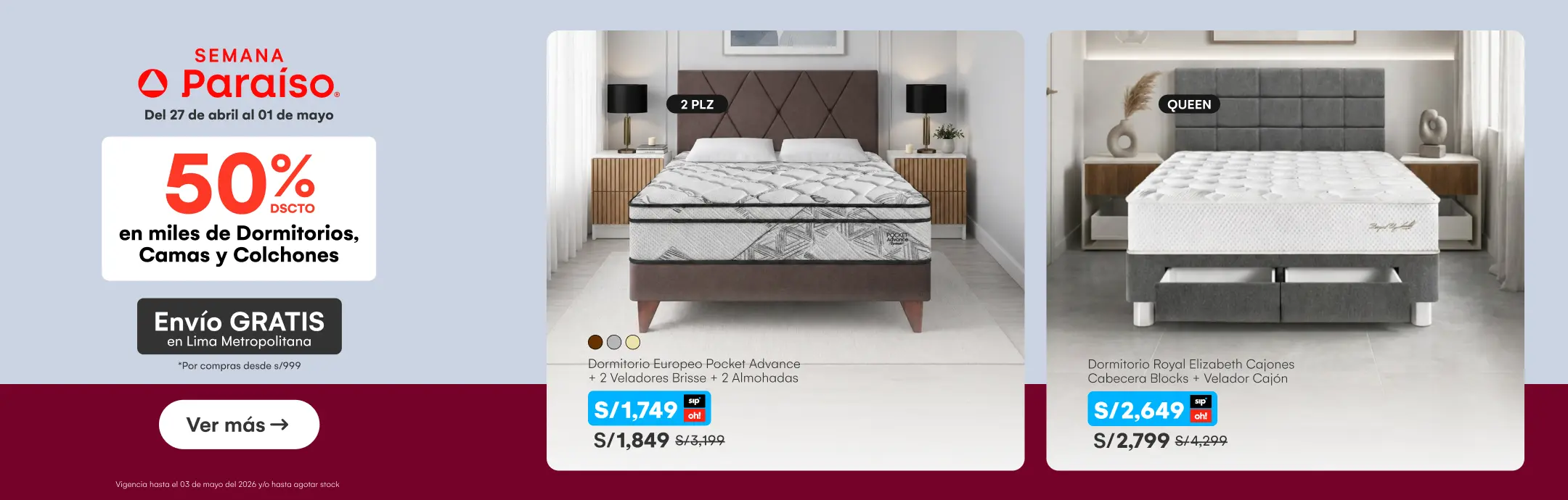 HOME-DECO-SEMANA PARAISO-SEMANA PARAÍSO  50%dscto en miles de dormitorios camas y colchones | ENVIO GRATIS en lima metropolitana por compras desde S/.999