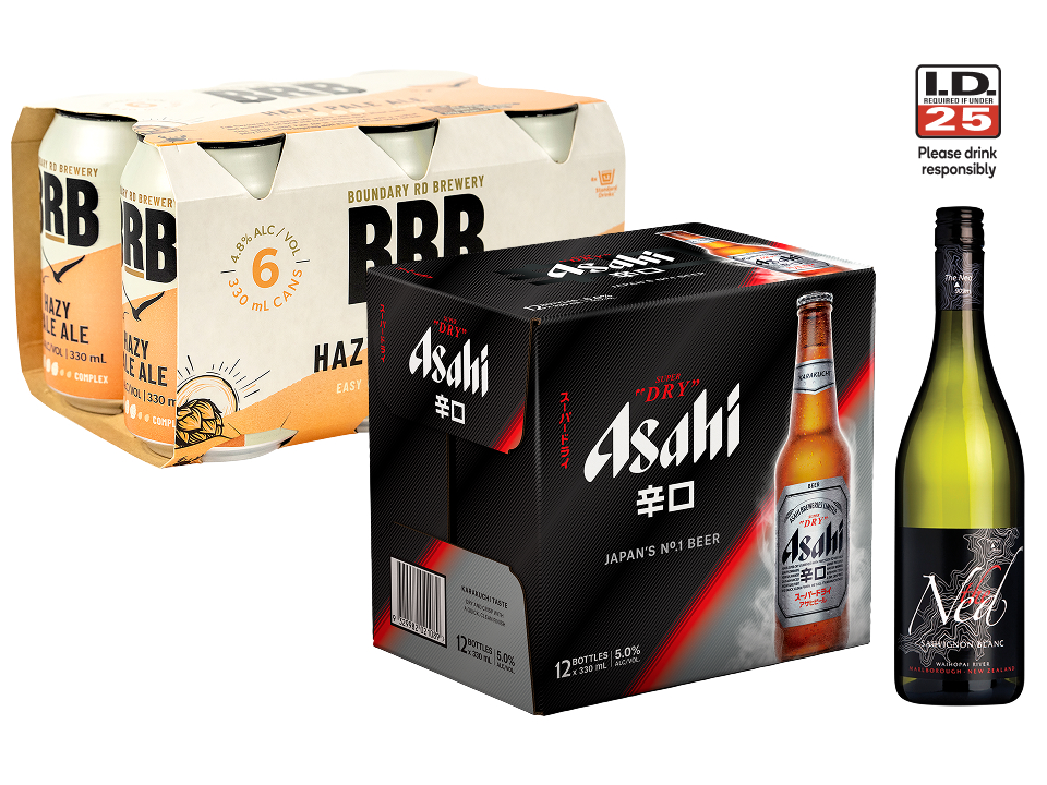 "Beer & Wine Specials" tile featuring a Boundary Rd Brewery Hazy Pale Ale 6-pack, an Asahi Super Dry 12-pack, and a bottle of The Ned wine.