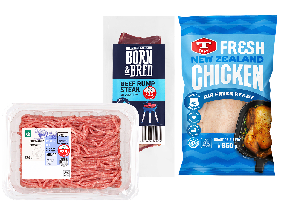 Three packaged meat products on promotion for 3 for $25: Woolworths Pork & Beef Mince (380g), Born & Bred Beef Rump Steak (180g), and Tegel Fresh Whole Chicken (950g).