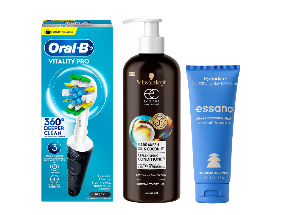 Oral-B Vitality Pro electric toothbrush, Schwarzkopf Extra Care conditioner, and Essano Hydration+ exfoliator.