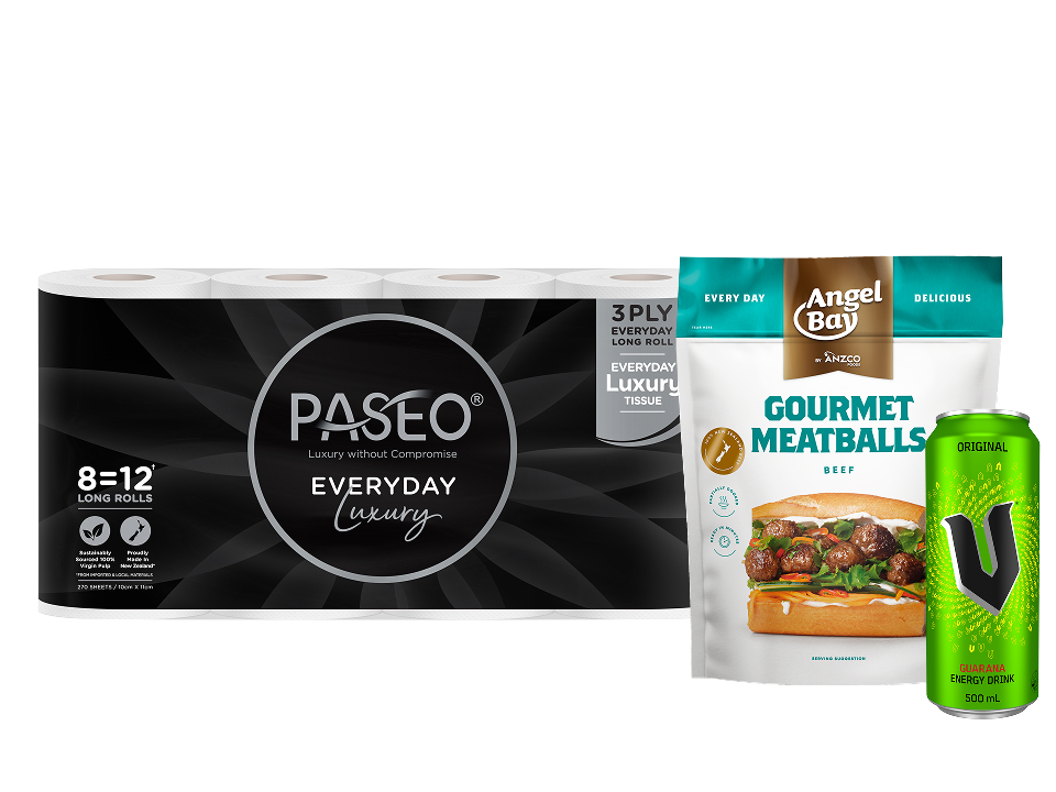 Selection of promotional products including Paseo toilet paper 8-pack, Angel Bay Gourmet Beef Meatballs, and V Original Energy Drink 500ml.