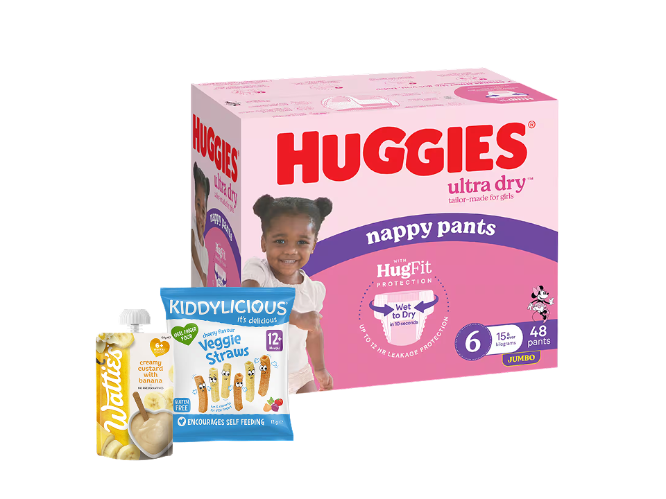Selection of baby care products including Huggies Ultra Dry Nappy Pants jumbo box, Kiddylicious Veggie Straws, and Wattie's Creamy Custard pouch.